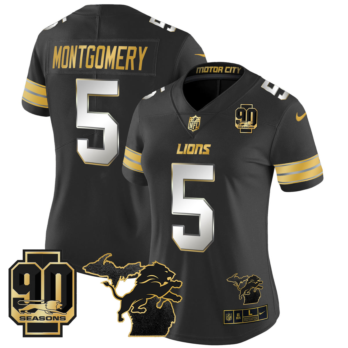 Women's Detroit Lions 2024 Michigan & 90th Year Patch Gold Vapor Limited Jersey - All Stitched - Black Limited - David Montgomery — view 1