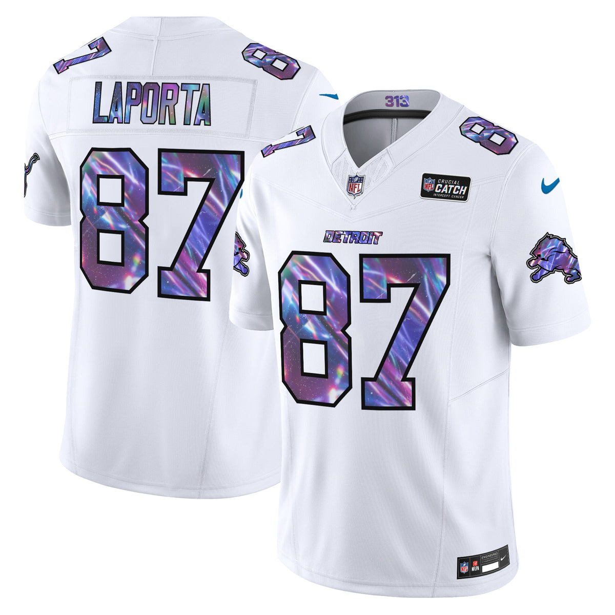 Men's Detroit Lions 2024 Crucial Catch Vapor Limited Jersey - All Stitched - White - Sam Laporta — view 1