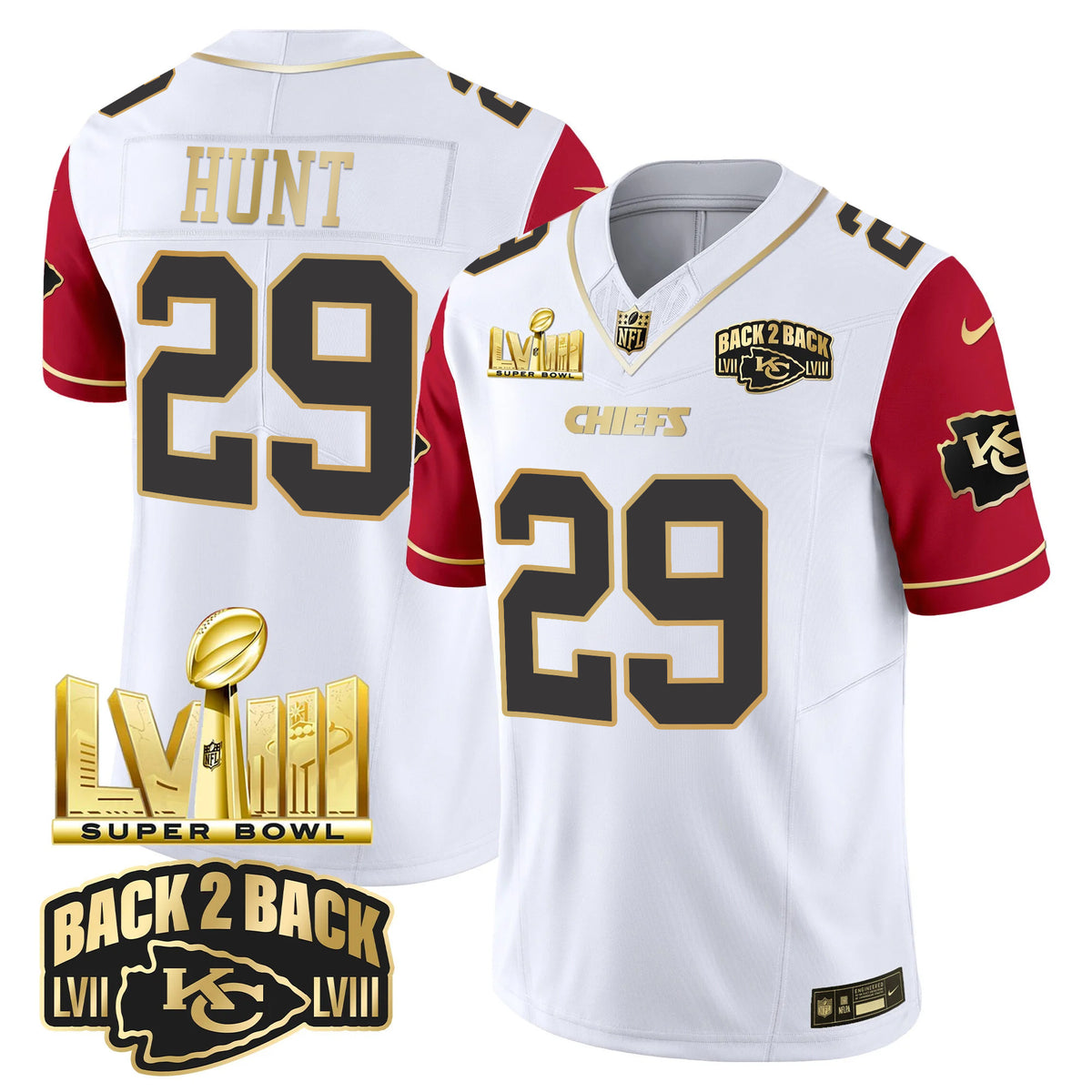 Men's Chiefs Super Bowl LVIII & Back 2 Back Gold Patch Vapor Jersey V2 - All Stitched - Color Sleeves - Kareem Hunt — view 1