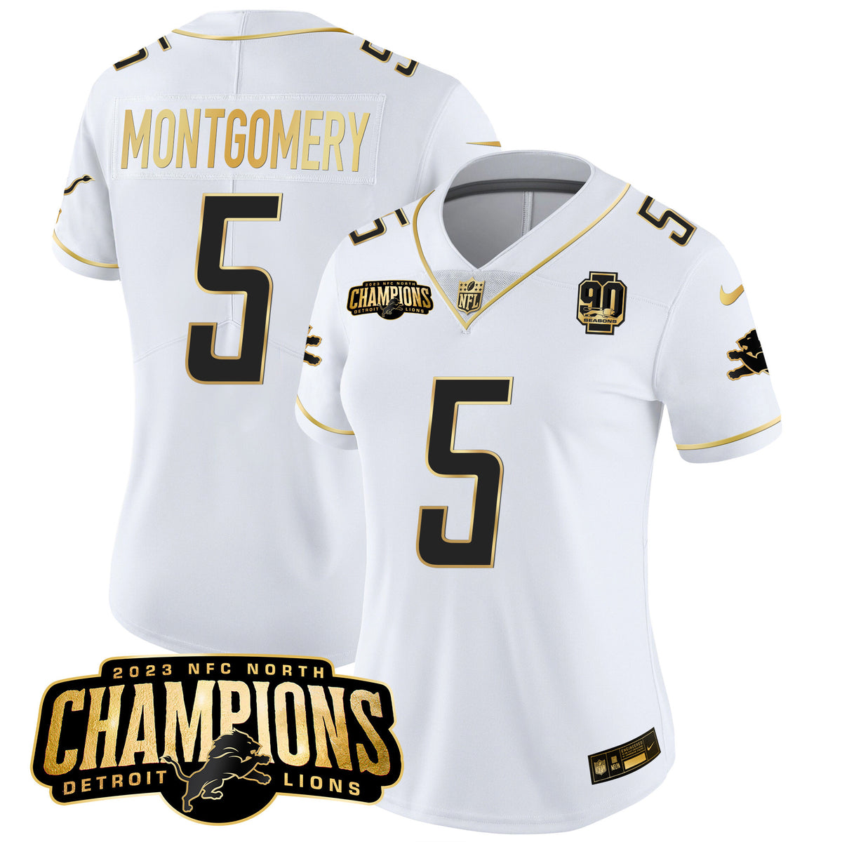 Women's Detroit Lions 2023 NFC North Champions Patch Gold Vapor Jersey V2 - All Stitched - White Gold - David Montgomery — view 1