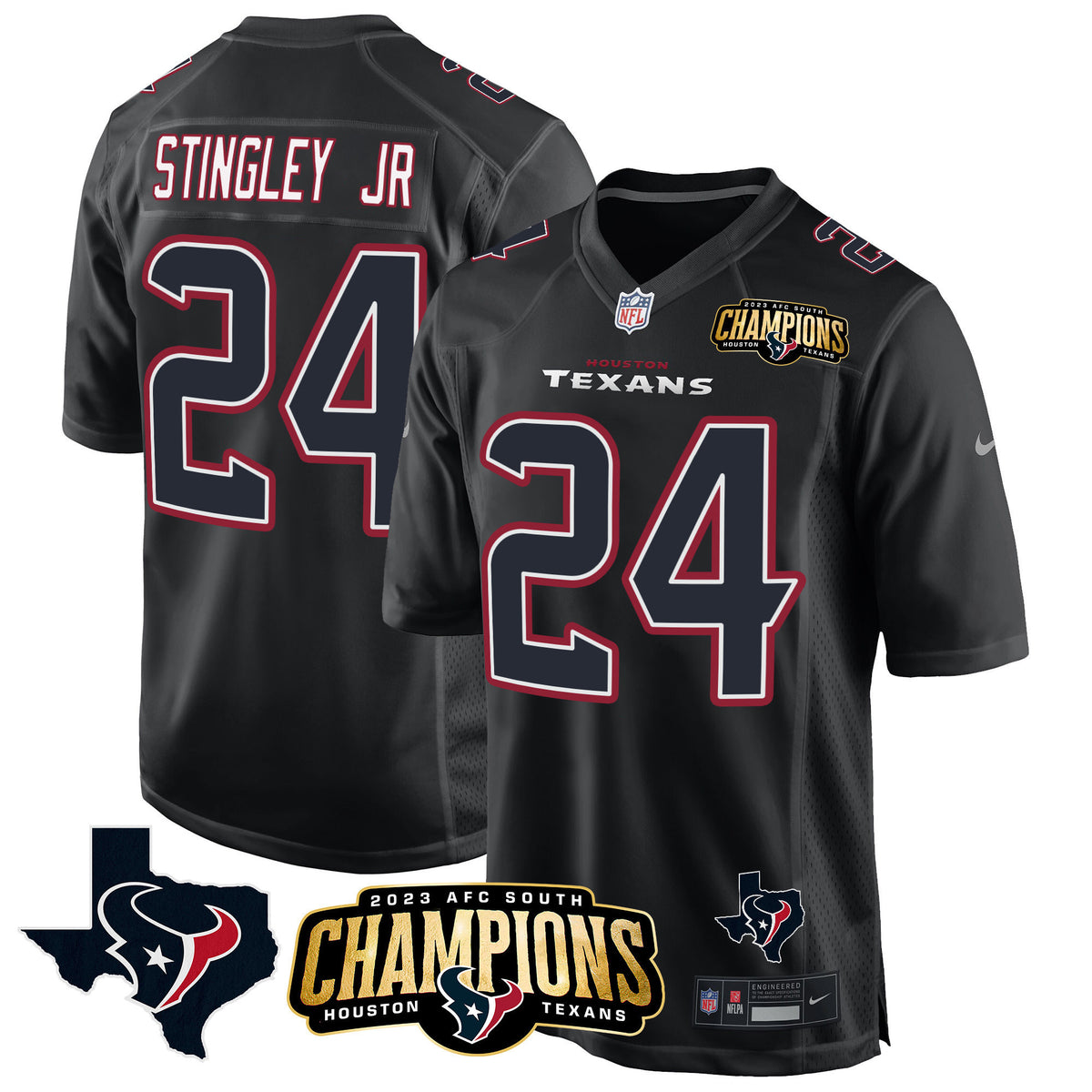 Men's Houston Texans 2023 AFC South Champions Patch Game Jersey - All Stitched - Black - Derek Stingley Jr — view 1