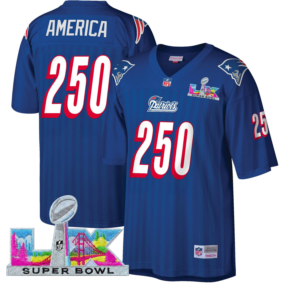 Men's New England Patriots Super Bowl LX Throwback Jersey - All Stitched - Navy - #250 America — view 1