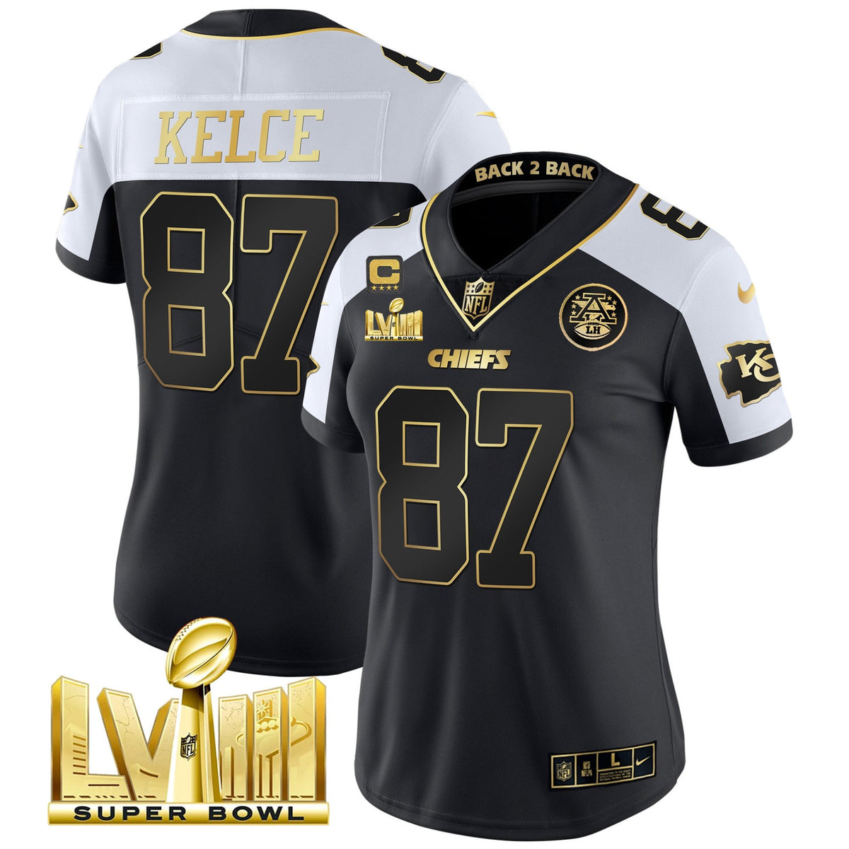 Women's Chiefs Super Bowl LVIII & Back 2 Back Patch Vapor Jersey V5 - All Stitched - Alternate - Travis Kelce — view 1