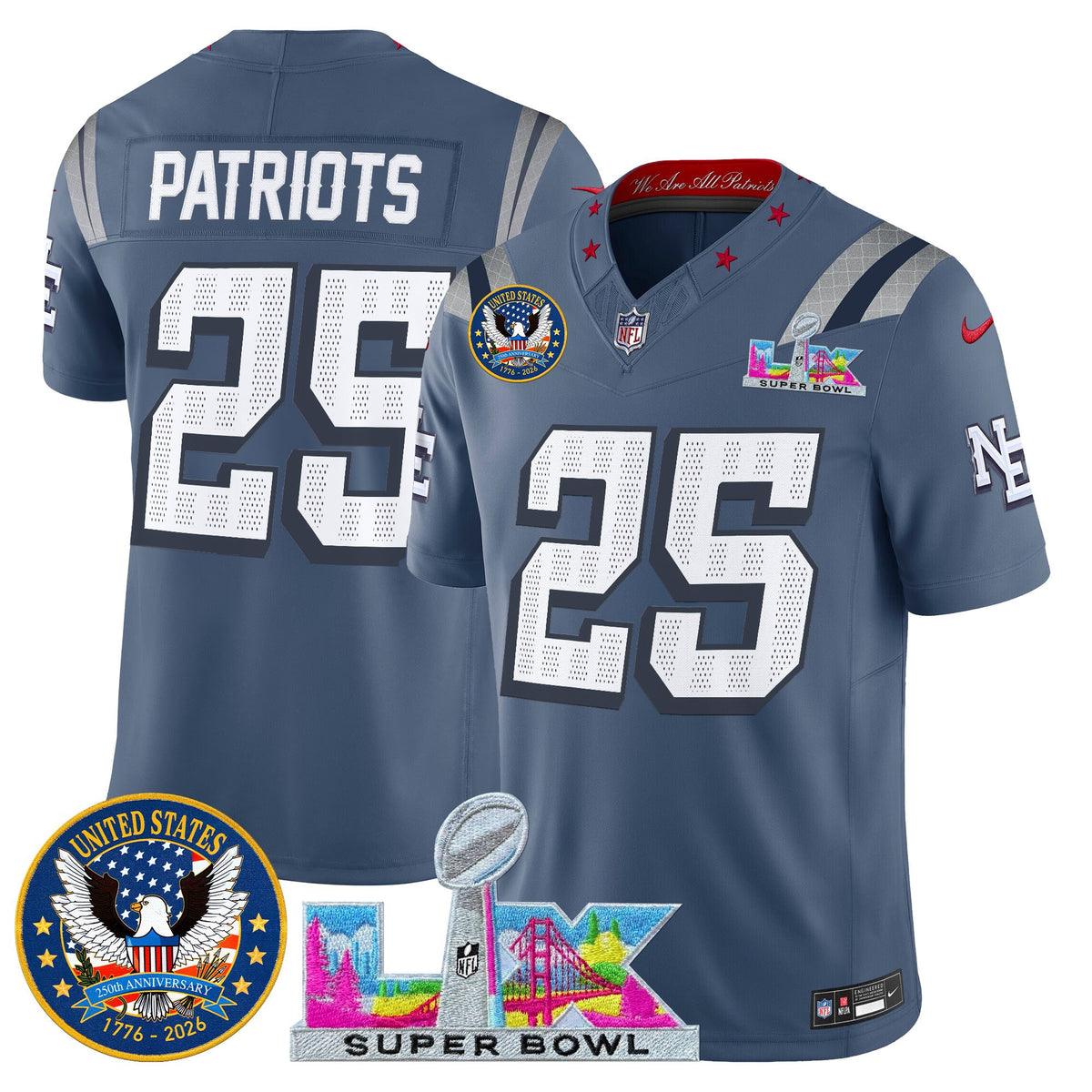 Men's New England Patriots Super Bowl LX & United States 250th Patch Vapor Limited Jersey - All Stitched - Storm Blue - #25 Patriots — view 1