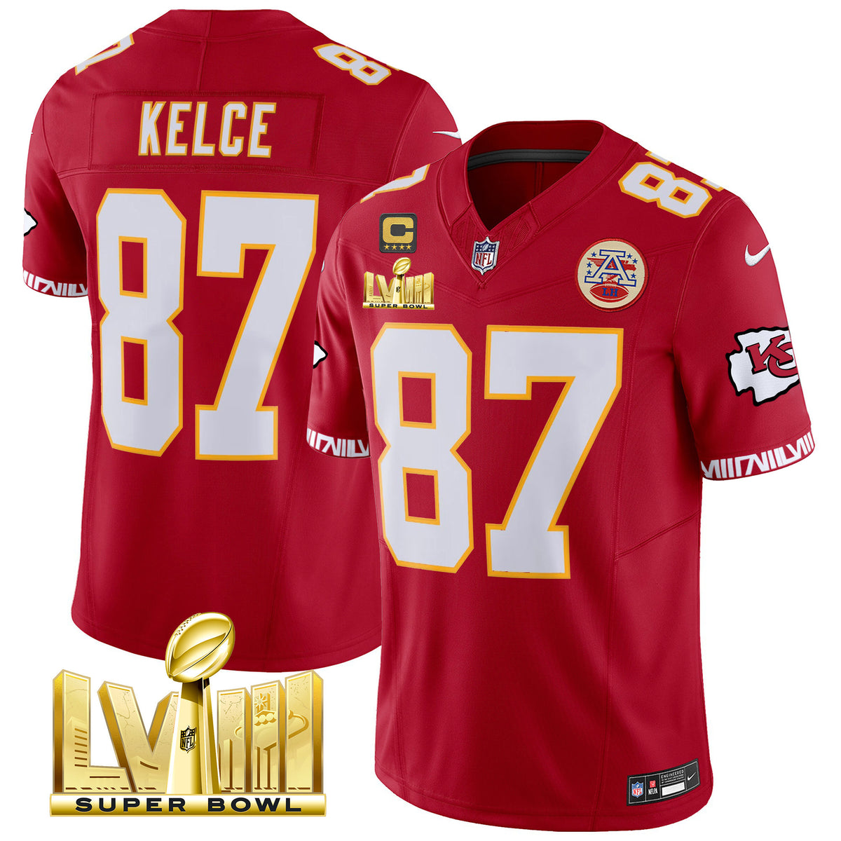 Men's Chiefs Super Bowl LVIII Pattern Gold Vapor Jersey V2 - All Stitched - Red - Travis Kelce — view 1
