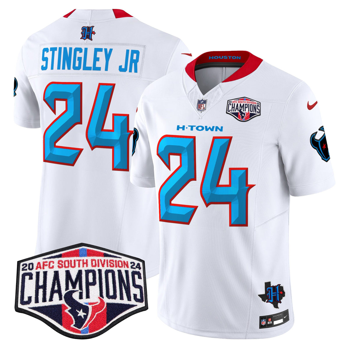 Men's Houston Texans 2024 AFC South Division Champions Patch Vapor Limited Jersey - All Stitched - White - Derek Stingley Jr — view 1