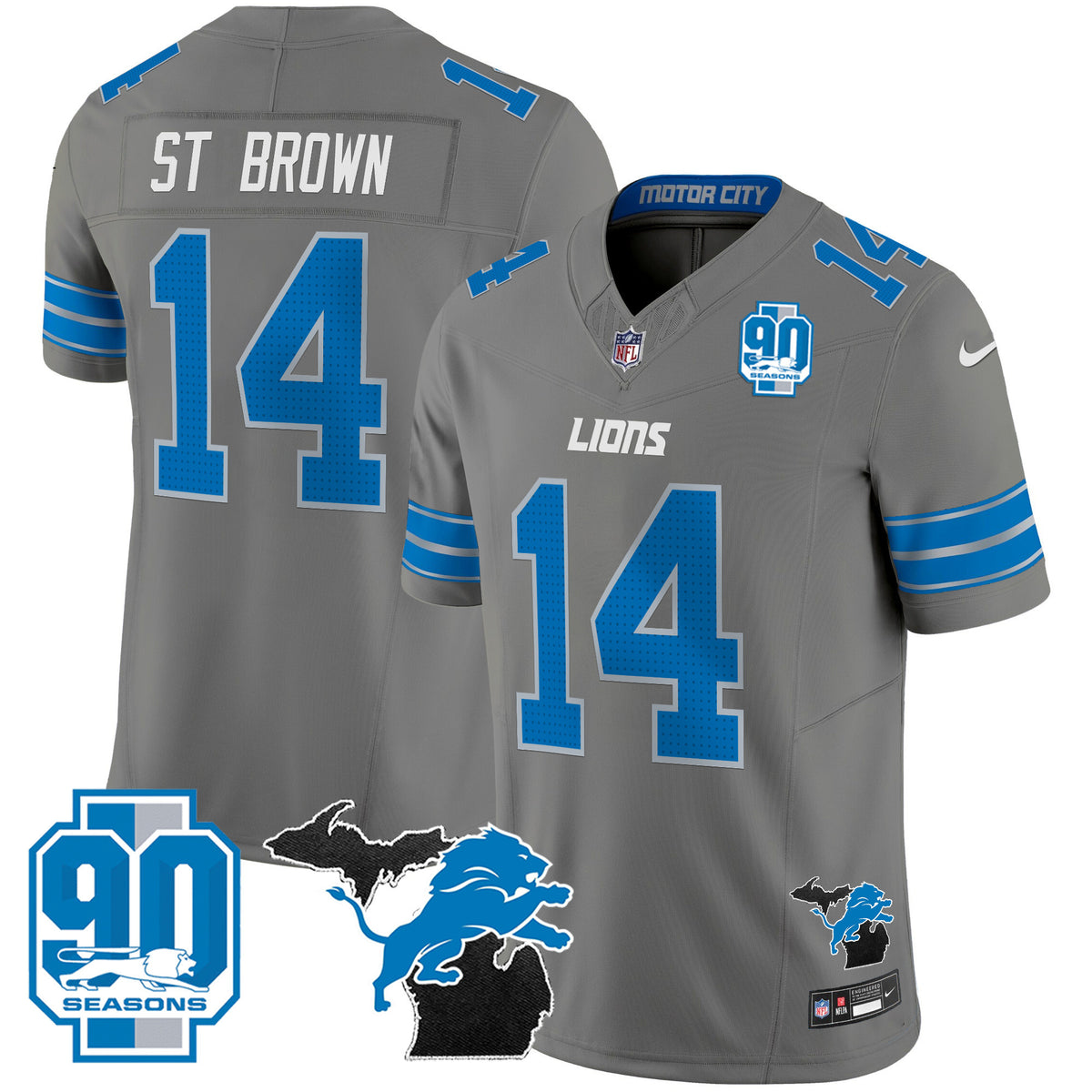Men's Detroit Lions 2025 Michigan & 90th Year Patch Vapor Jersey - All Stitched - Gray - St. Brown — view 1
