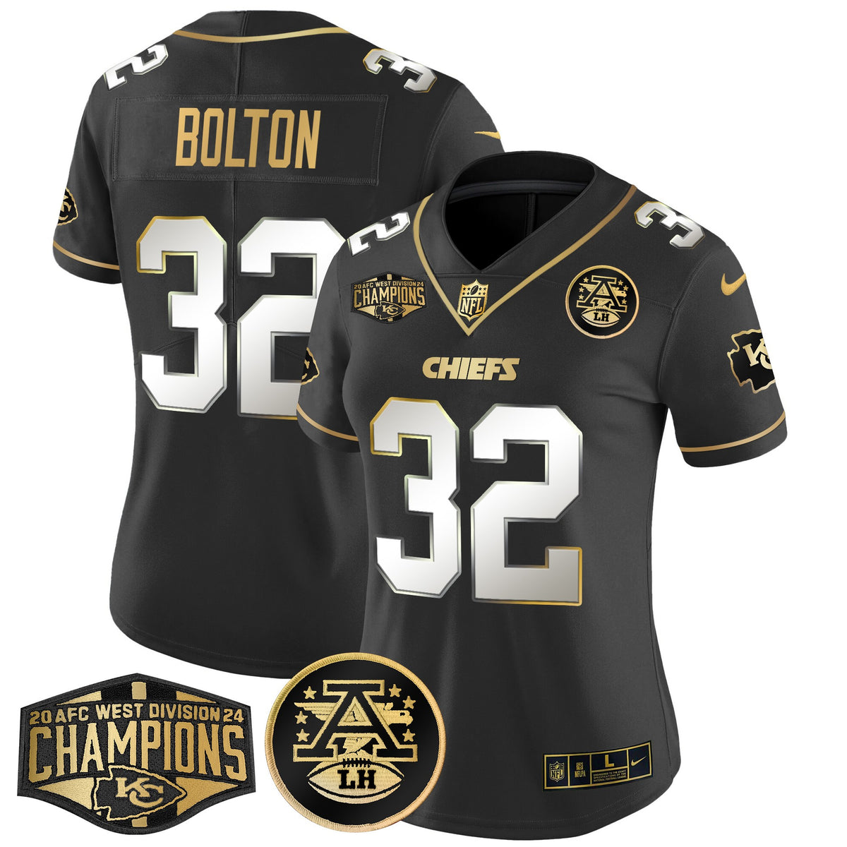 Women's Chiefs 2024 AFC West Division Champions Patch Gold Vapor Limited Jersey - All Stitched - Black Limited - Nick Bolton — view 1