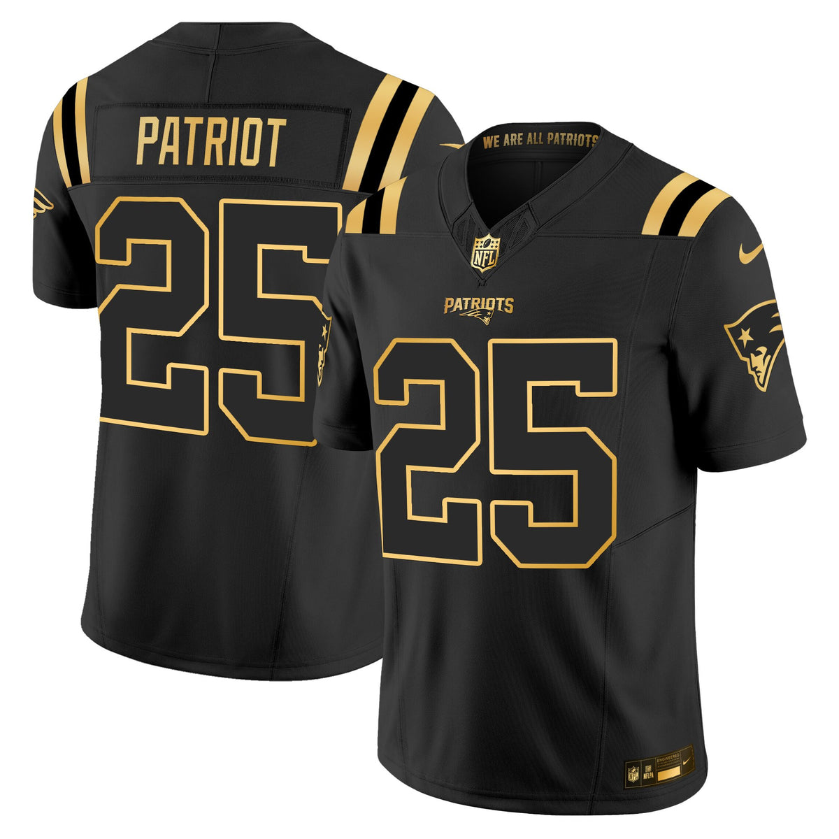Men's New England Patriots 2025 Gold Vapor Limited Jersey - All Stitched - Black Gold - #25 Patriot — view 1
