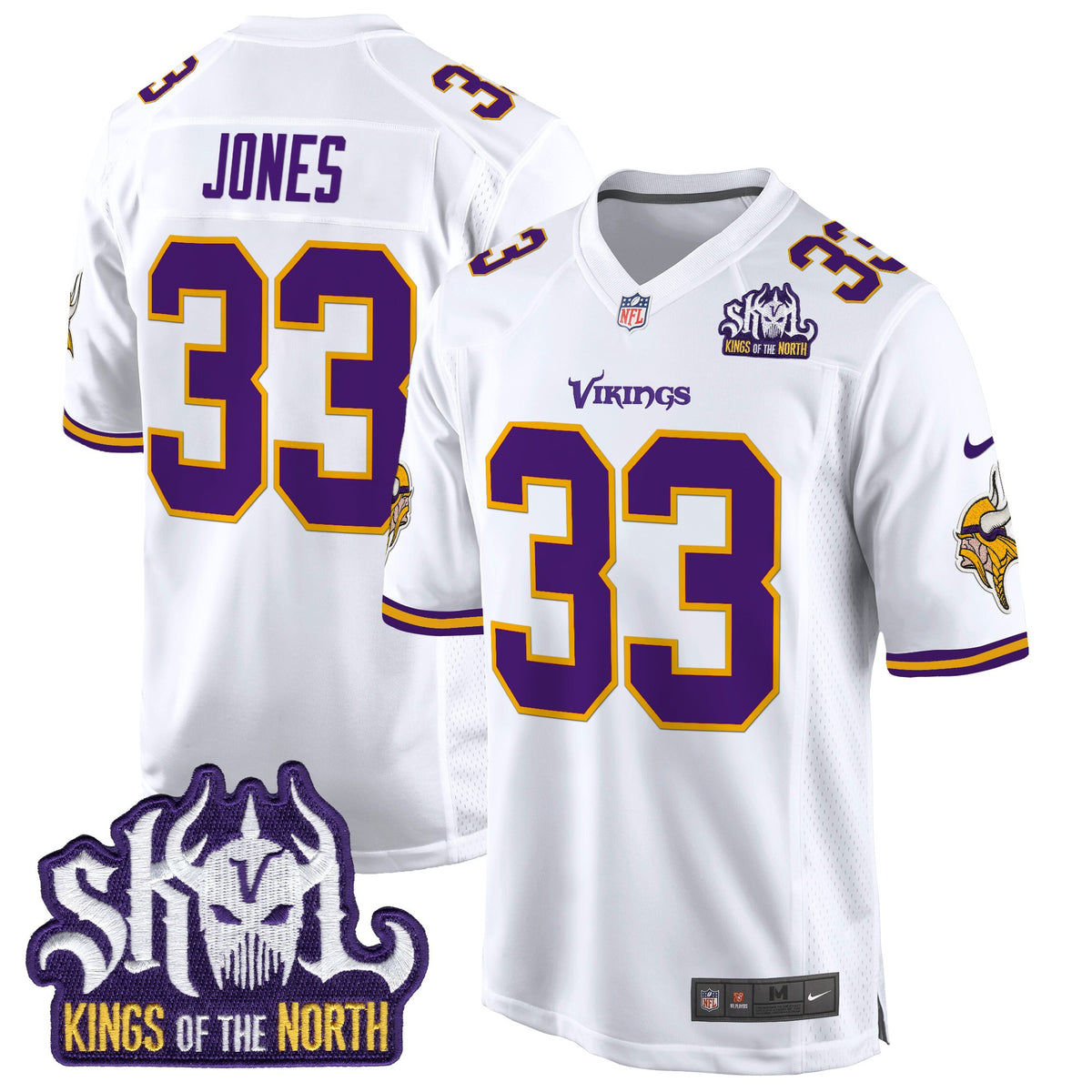 Men's Minnesota Vikings King Of The North Patch Throwback Game Jersey - All Stitched - White - Aaron Jones — view 1