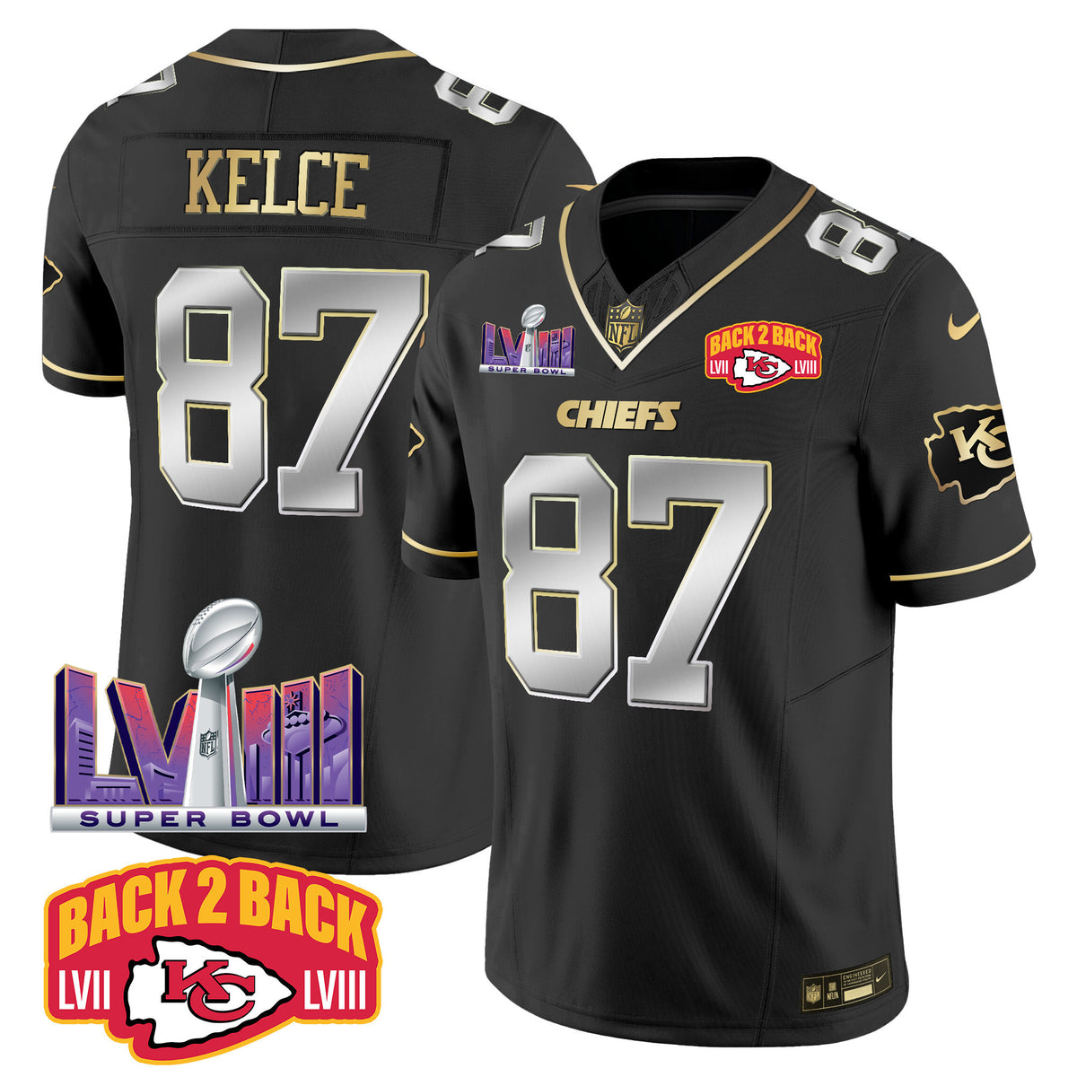 Men's Chiefs Super Bowl LVIII & Back 2 Back Patch Vapor Jersey V2 - All Stitched - Black Limited - Travis Kelce — view 1
