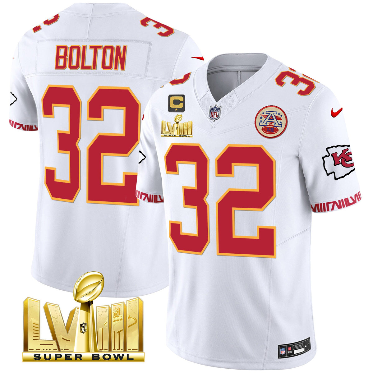 Men's Chiefs Super Bowl LVIII Pattern Gold Vapor Jersey V2 - All Stitched - White - Nick Bolton — view 1