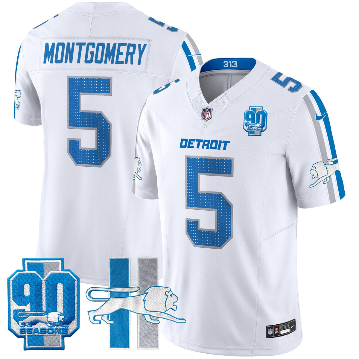 Men's Detroit Lions Throwback 90th Year Patch Vapor Limited Jersey - All Stitched - White - David Montgomery — view 1