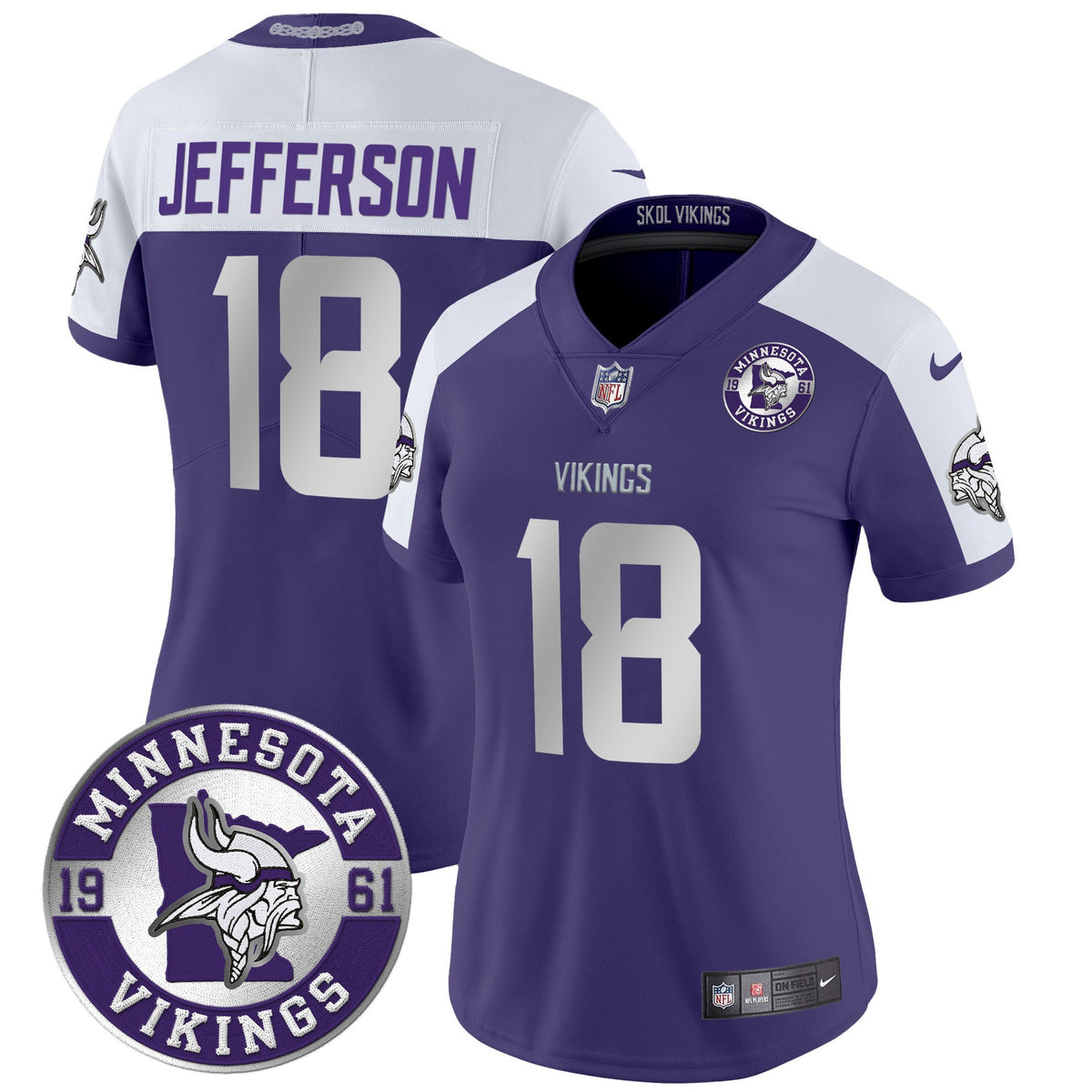 Women's Minnesota Vikings 2024 Vapor Limited Jersey - Est. 1961 Patch - All Stitched - Purple Alternate - Justin Jefferson — view 1