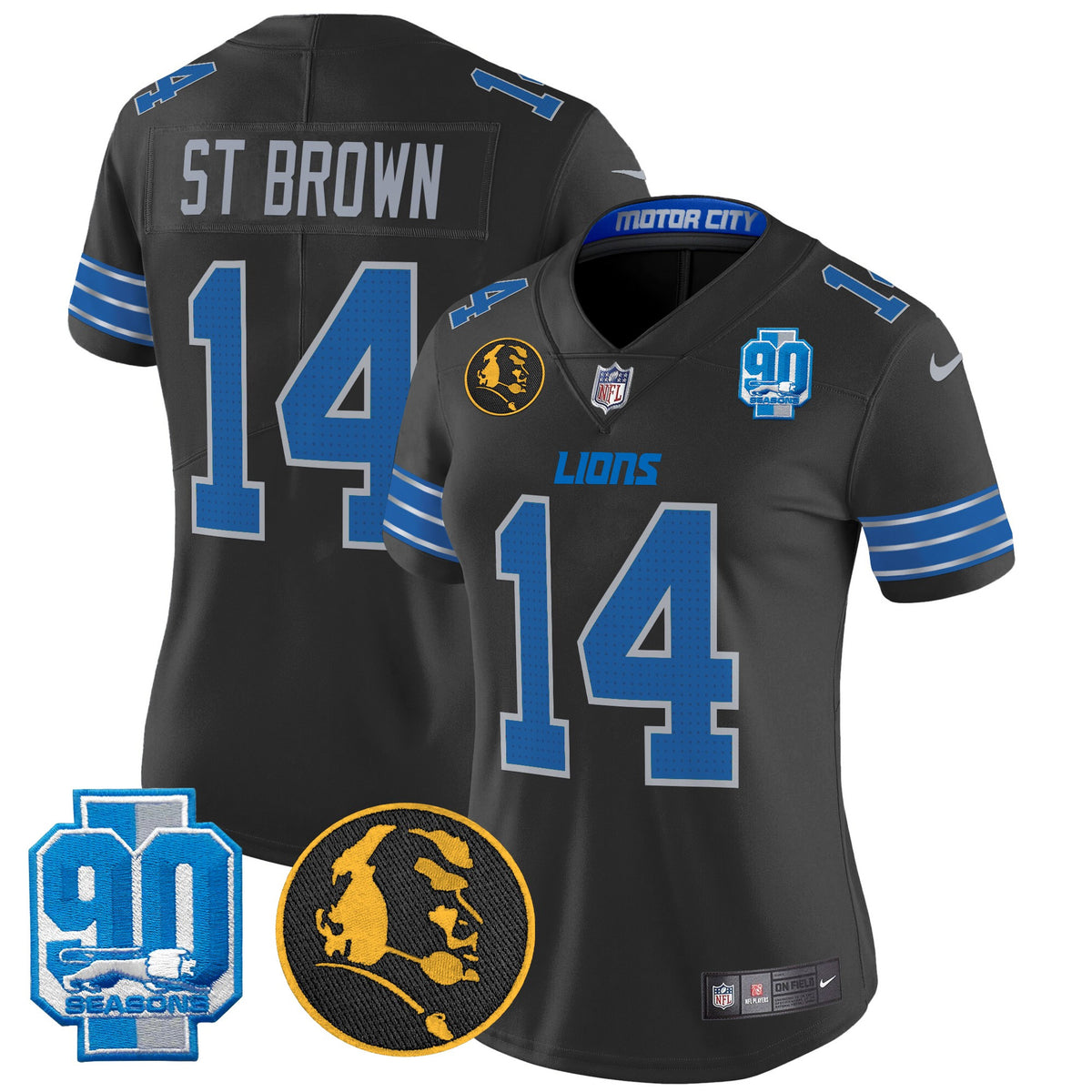 Women's Detroit Lions 2024 90th & John Madden Patch Vapor Limited Jersey - All Stitched - Black - St. Brown — view 1