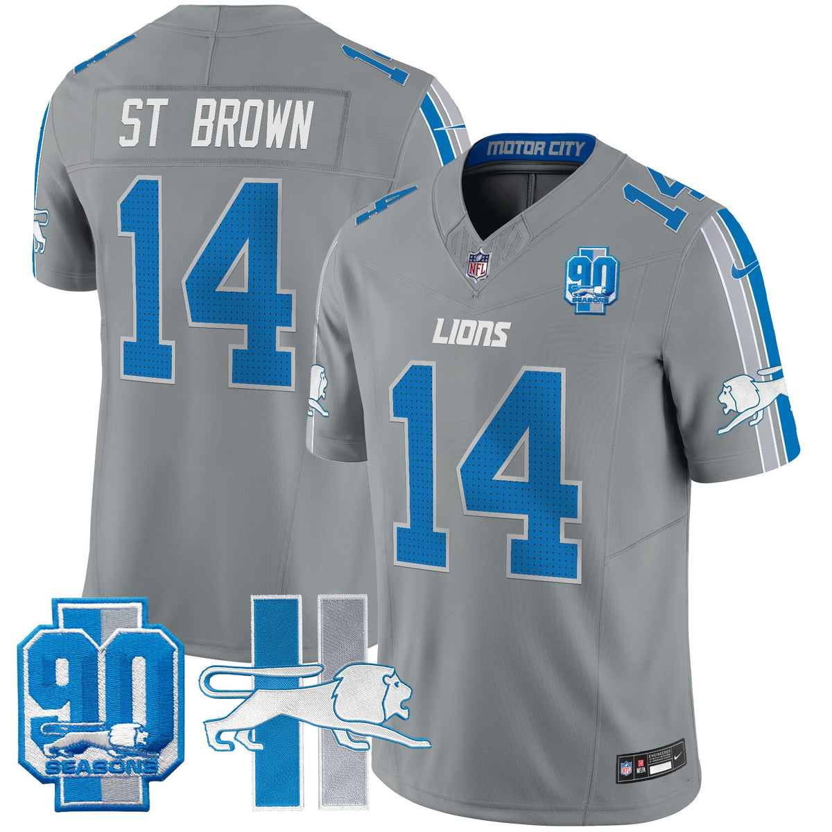 Men's Detroit Lions Throwback 90th Year Patch Vapor Limited Jersey - All Stitched - Gray - St. Brown — view 1