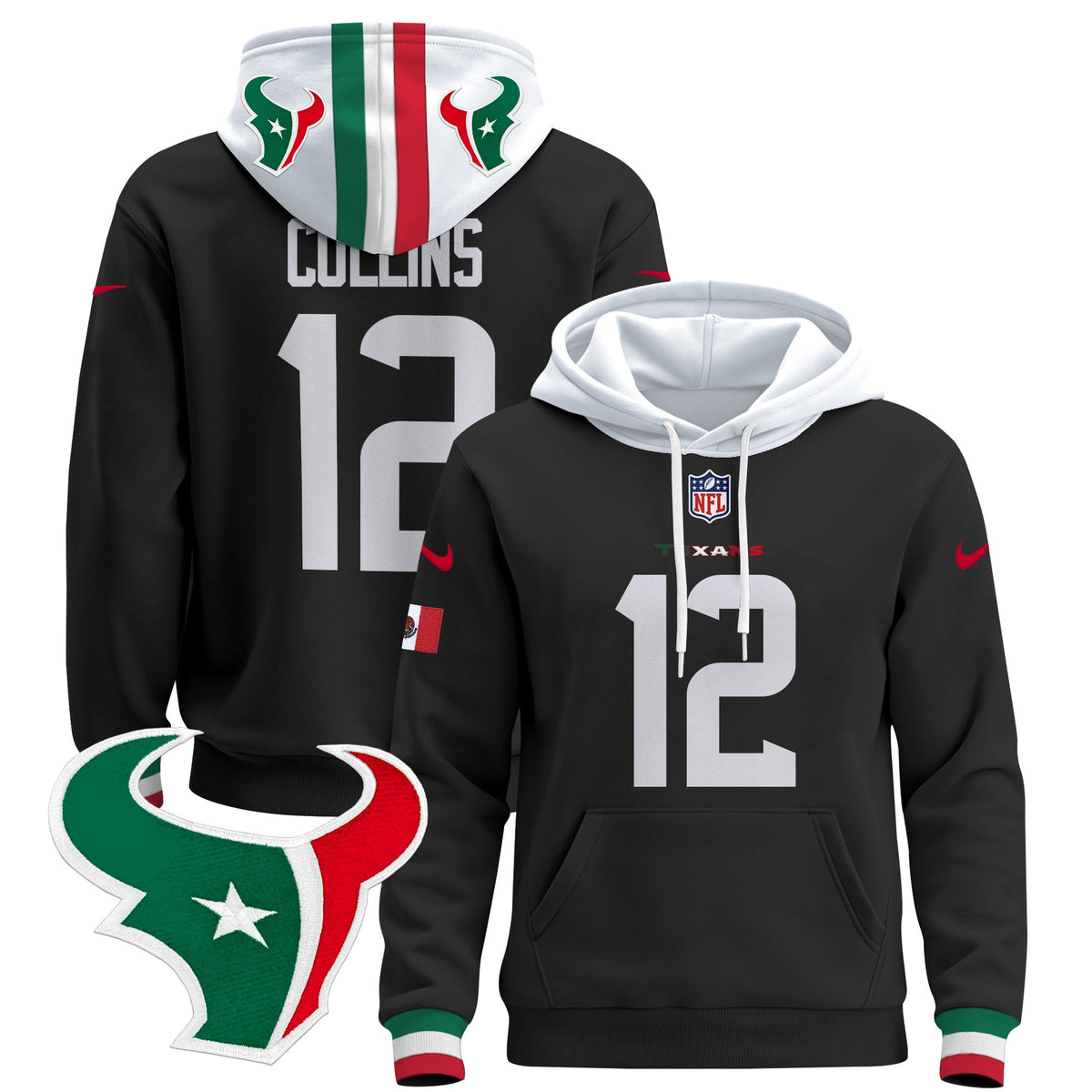 Men's Houston Texans Mexico 2024 Pullover Hoodie - All Stitched - Black - Nico Collins — view 1
