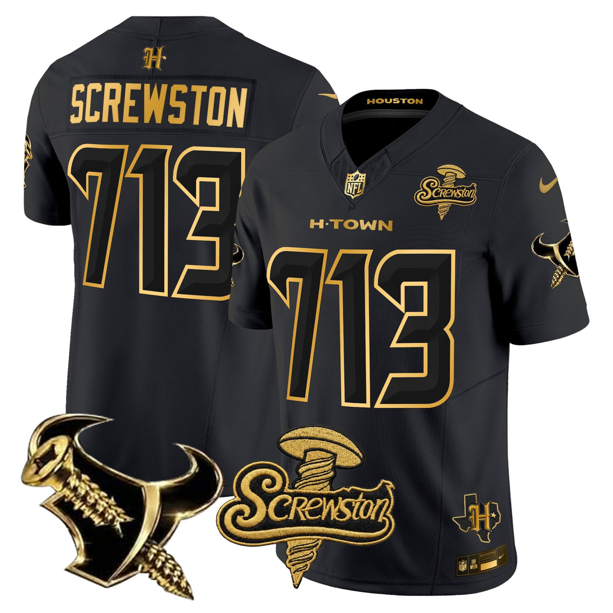 Men's Houston Texans DJ Screw Gold Vapor Limited Jersey - All Stitched - Black Gold - Screwston 713 — view 1