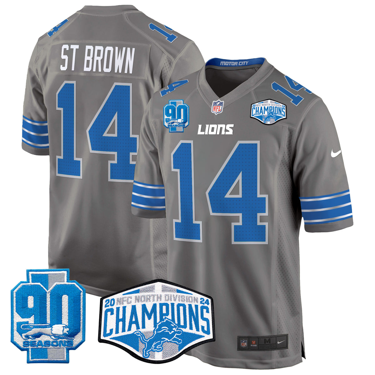 Men's Detroit Lions 2024 NFC North Division Champions Patch Game Jersey - All Stitched - Gray - St. Brown — view 1