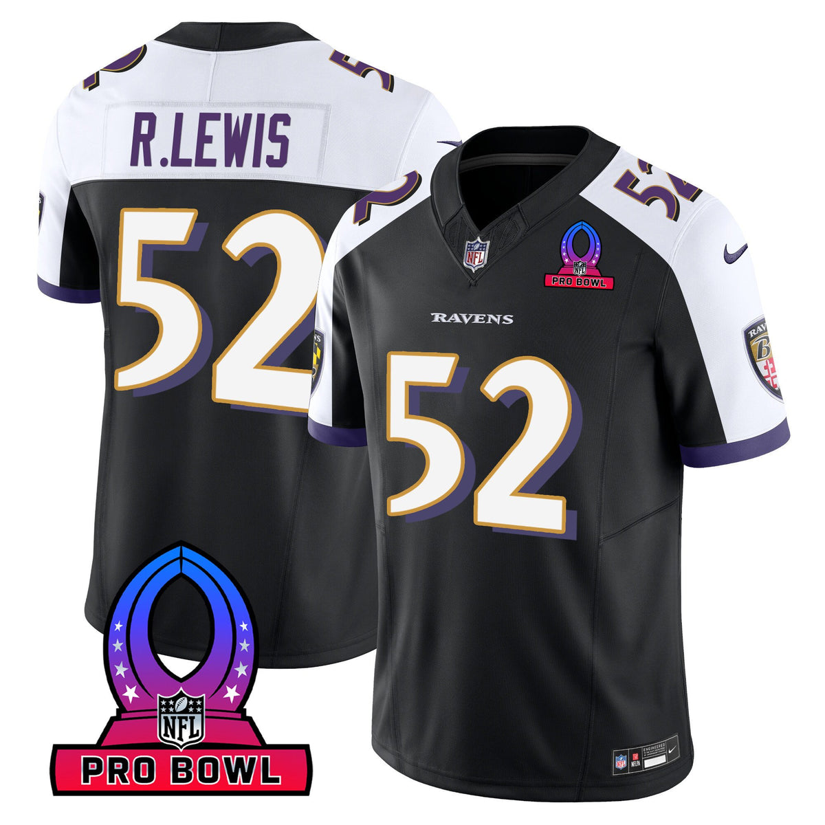 Men's Ravens 2024 Pro Bowl Patch Vapor Jersey - All Stitched - Black Alternate - Ray Lewis — view 1
