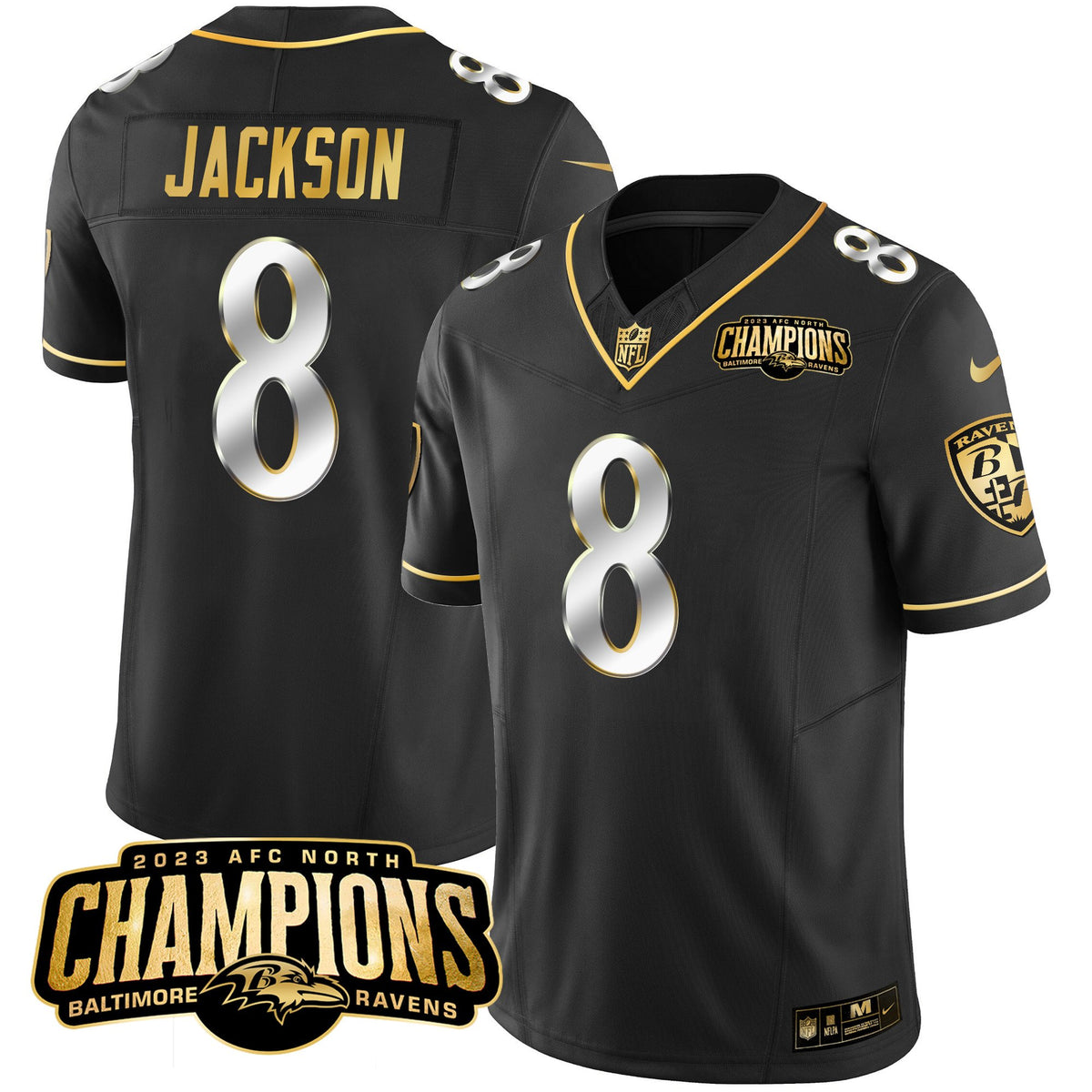 Men's Ravens 2023 AFC North Champions Patch Gold Vapor Jersey - All Stitched - Black Limited - Lamar Jackson — view 1