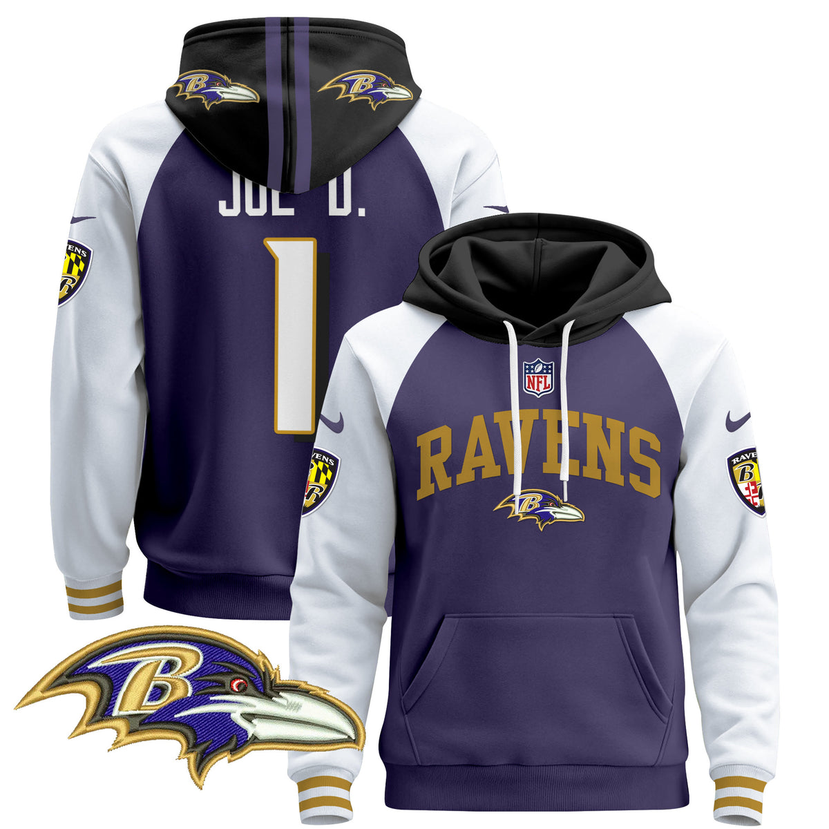 Men's Baltimore Ravens 2024 Pullover Hoodie V2 - All Stitched - Purple Alternate - Joe D — view 1