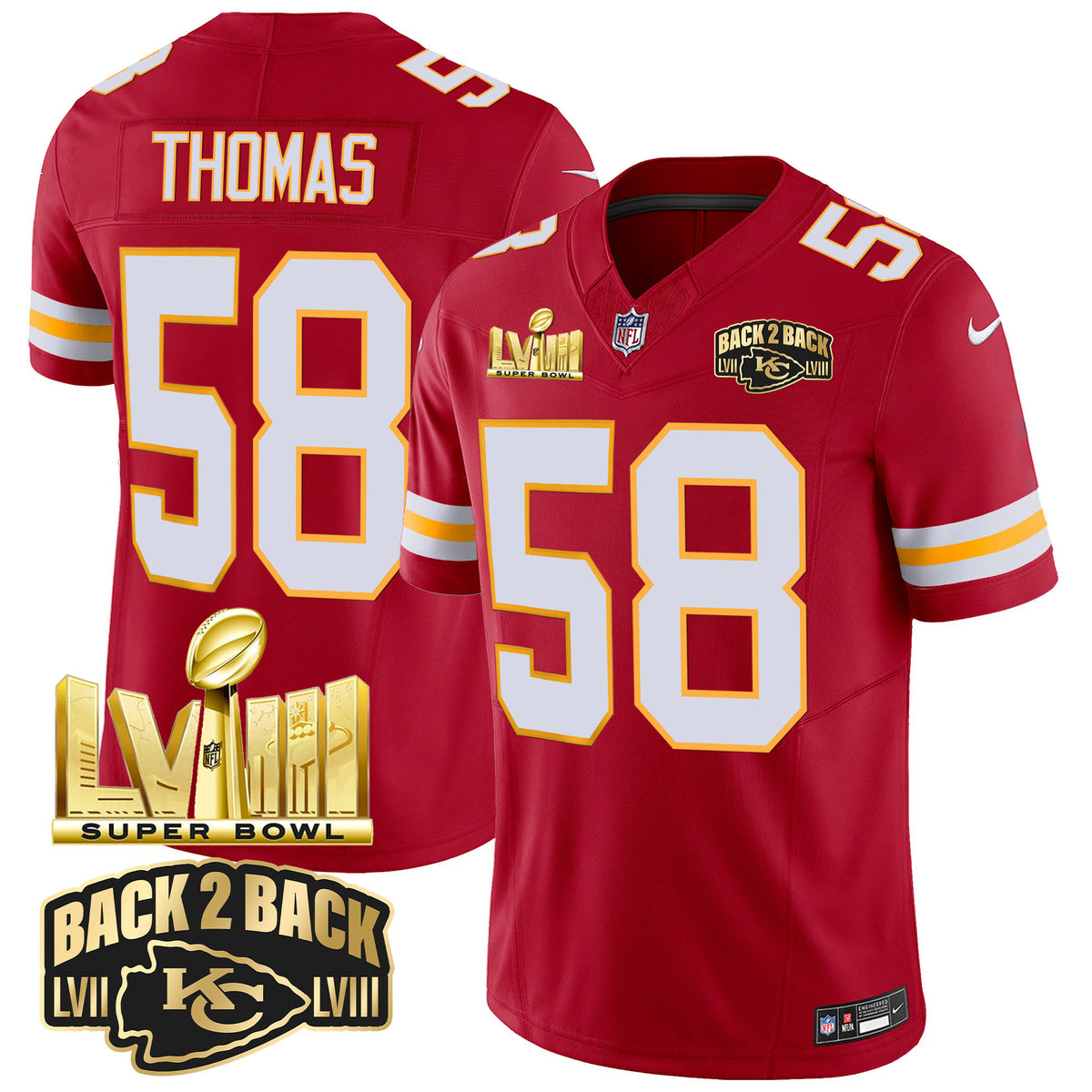 Men's Chiefs Super Bowl LVIII & Back 2 Back Gold Patch Vapor Jersey - All Stitched - Red - Derrick Thomas — view 1