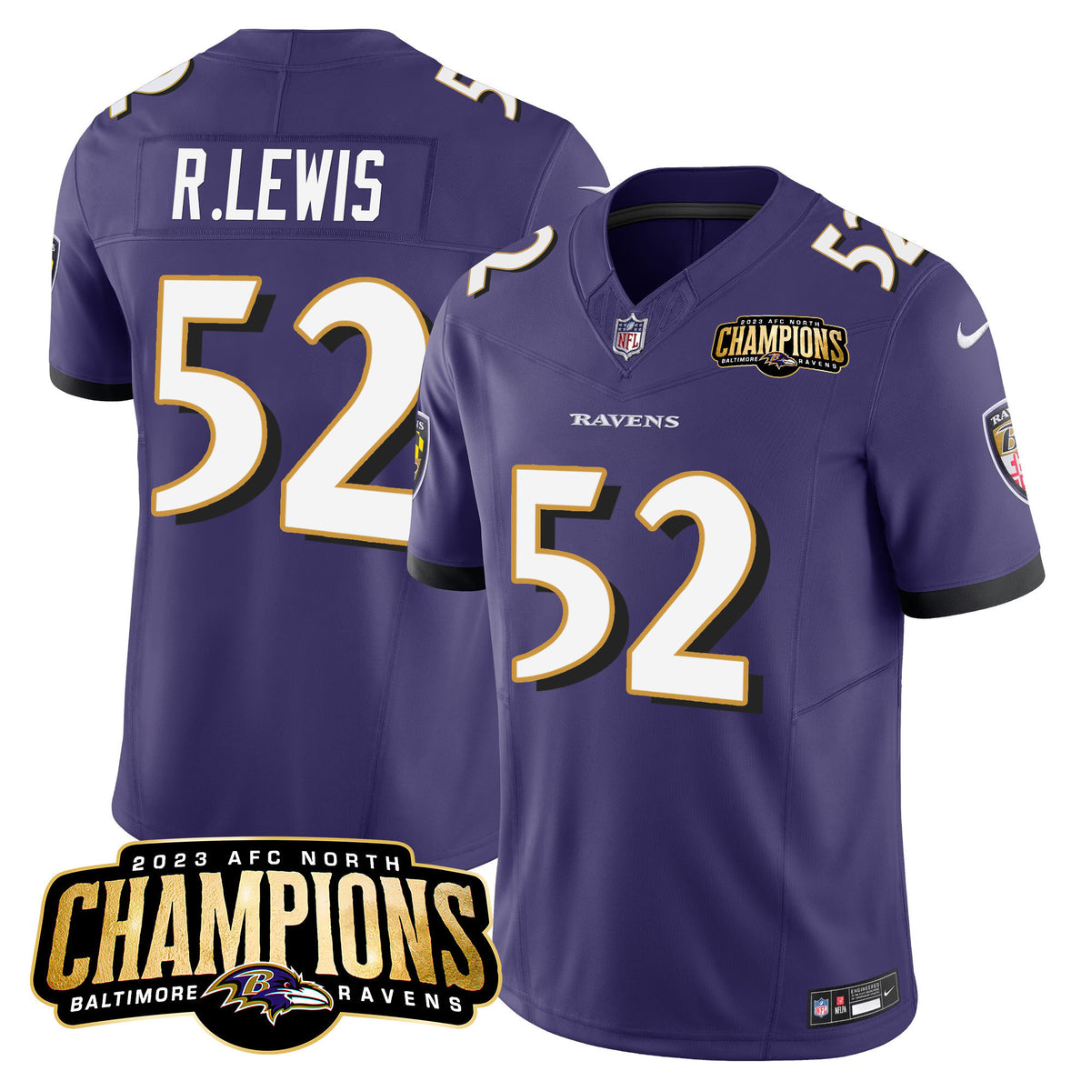 Men's Ravens 2023 AFC North Champions Patch Vapor Limited Jersey - All Stitched - Purple - Ray Lewis — view 1