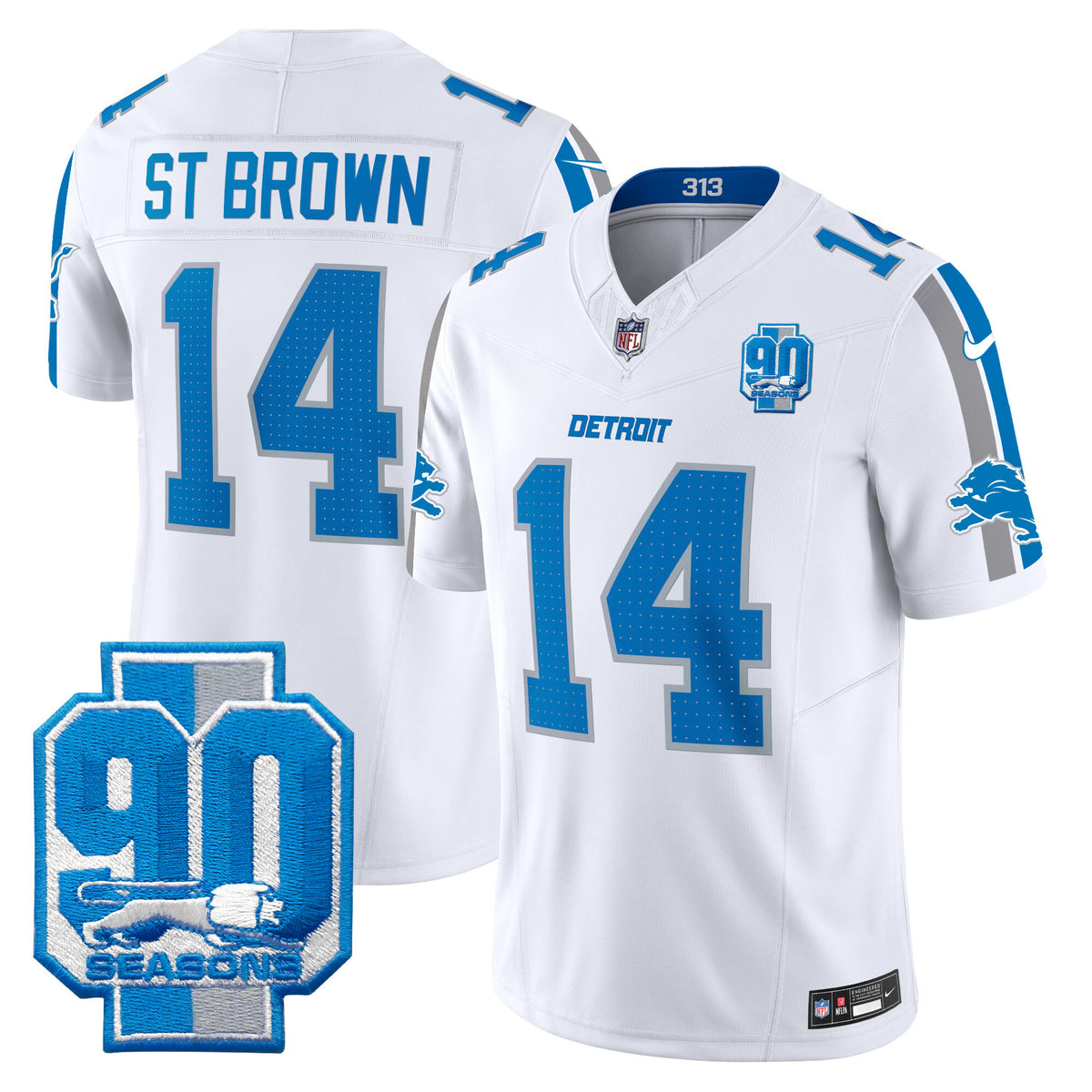 Men's Detroit Lions 90th Year Patch Vapor Limited Jersey - All Stitched - White - St. Brown — view 1