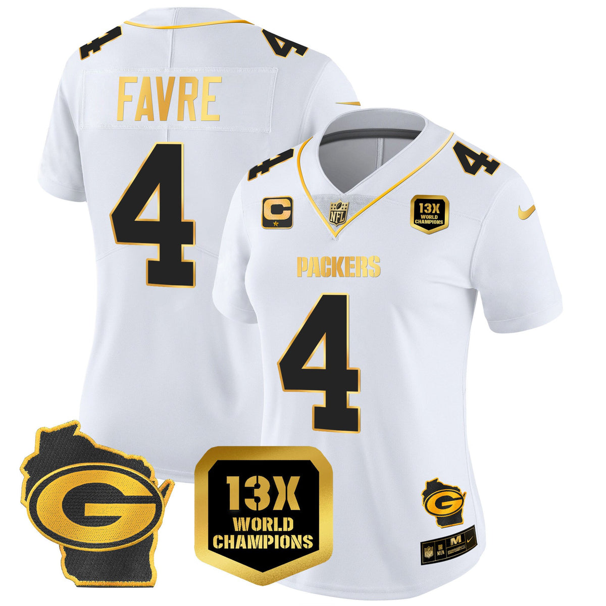 Women's Packers 13 Time World Champions & Home Patch Gold Vapor Jersey – All Stitched - White Gold - Brett Favre — view 1