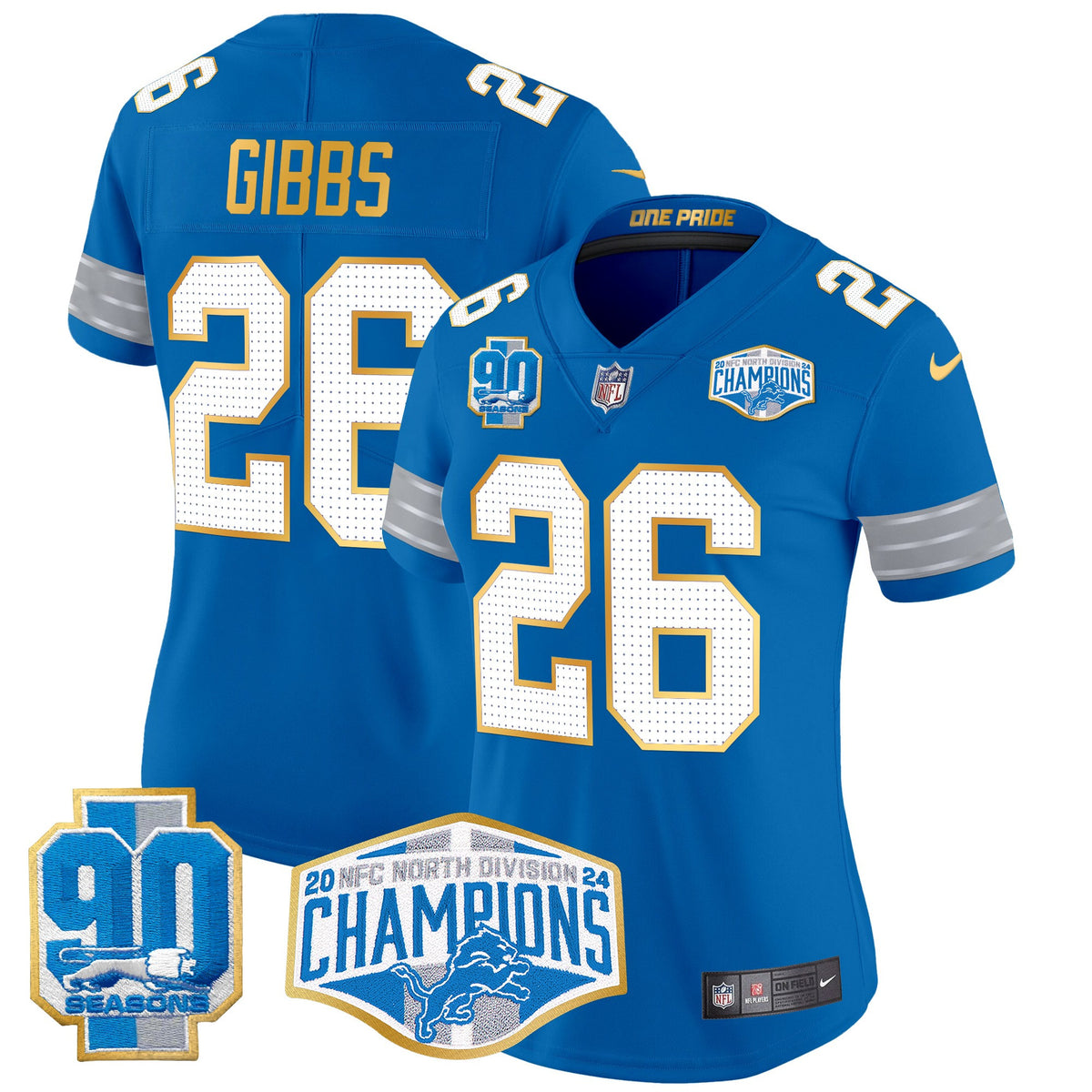 Women's Detroit Lions 2024 NFC North Division Champions Patch Gold Trim Vapor Limited Jersey - All Stitched - Blue - Jahmyr Gibbs — view 1