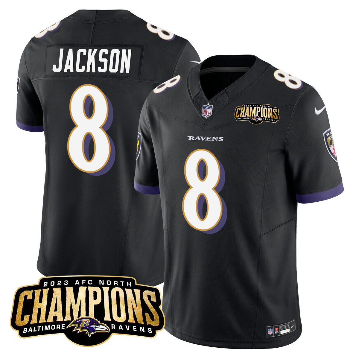 Men's Ravens 2023 AFC North Champions Patch Vapor Limited Jersey - All Stitched - Black - Lamar Jackson — view 1