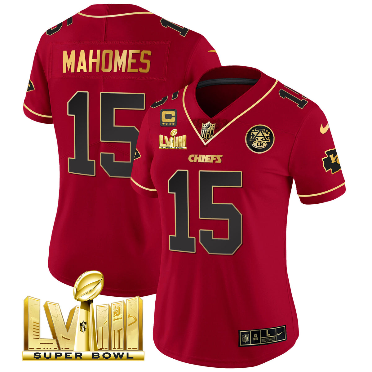 Women's Chiefs Super Bowl LVIII Gold Patch Vapor Jersey V4 - All Stitched - Red Special - Patrick Mahomes — view 1