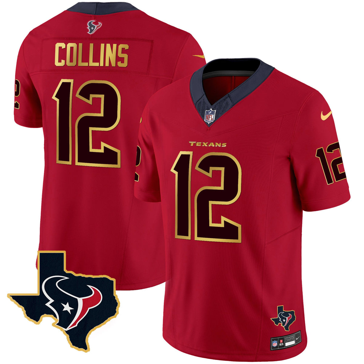 Men's Houston Texans Gold Trim Vapor Jersey - All Stitched - Red - Nico Collins — view 1