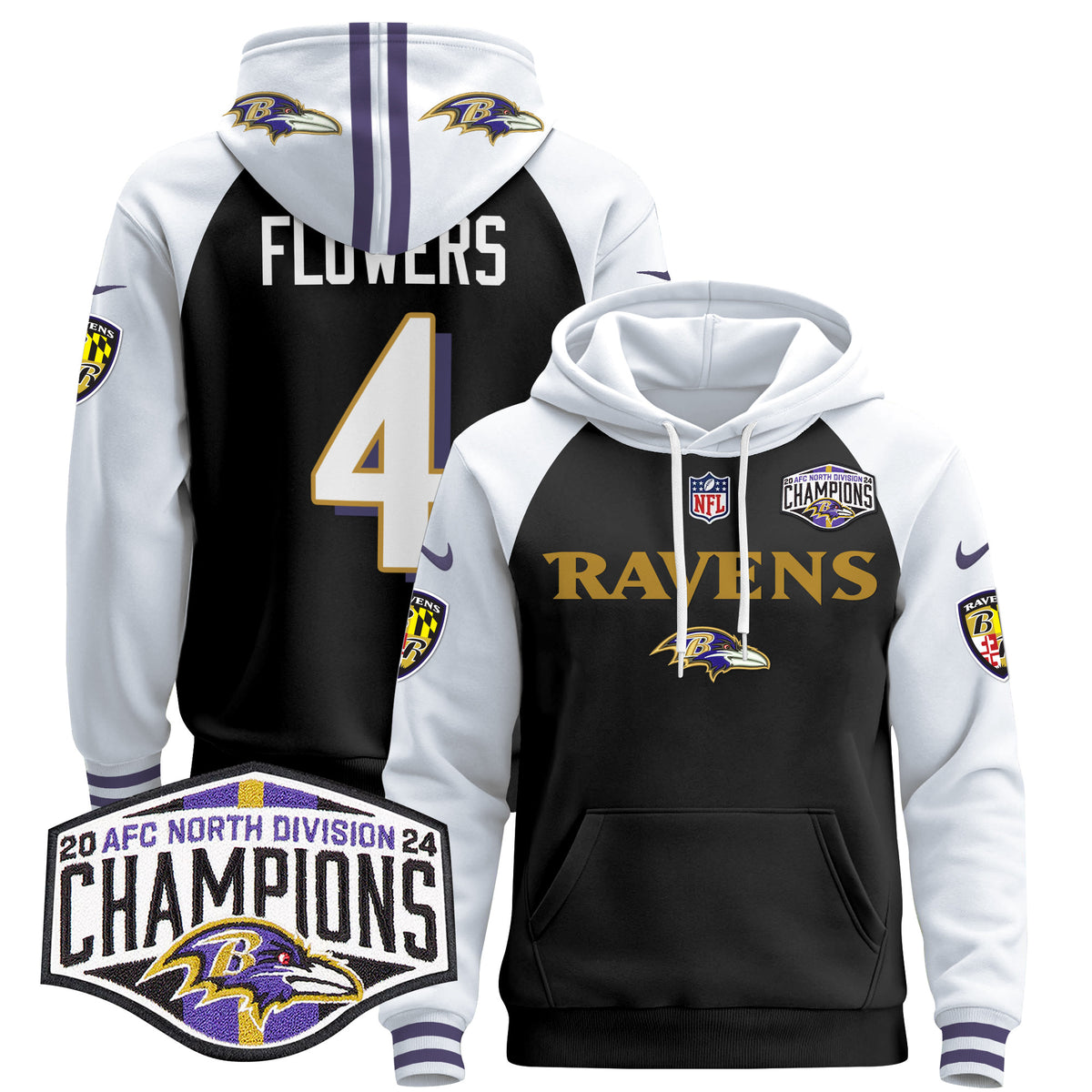 Men's Baltimore Ravens 2024 AFC North Division Champions Patch Pullover Hoodie - All Stitched - Black Alternate - Zay Flowers — view 1