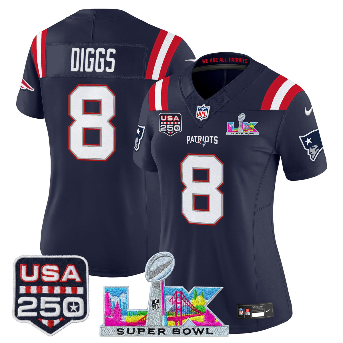 Women's New England Patriots Super Bowl LX & United States 250th Anniversary Patch Vapor Limited Jersey - All Stitched - Navy - Stefon Diggs — view 1