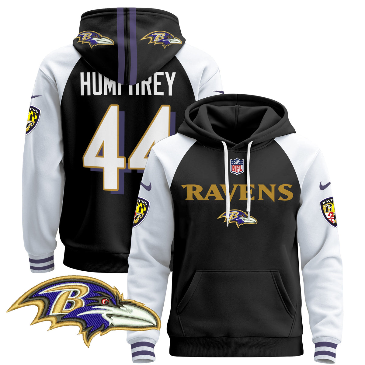 Men's Baltimore Ravens 2024 Pullover Hoodie V3 - All Stitched - Black Alternate - Marlon Humphrey — view 1