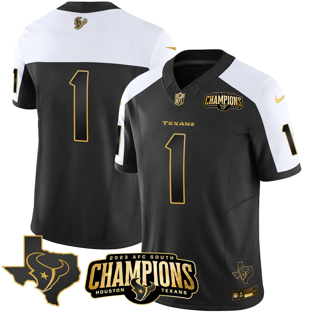 Men's Houston Texans 2023 AFC South Champions Patch Gold Vapor Jersey - All Stitched - Alternate Gold - #1 Team — view 1