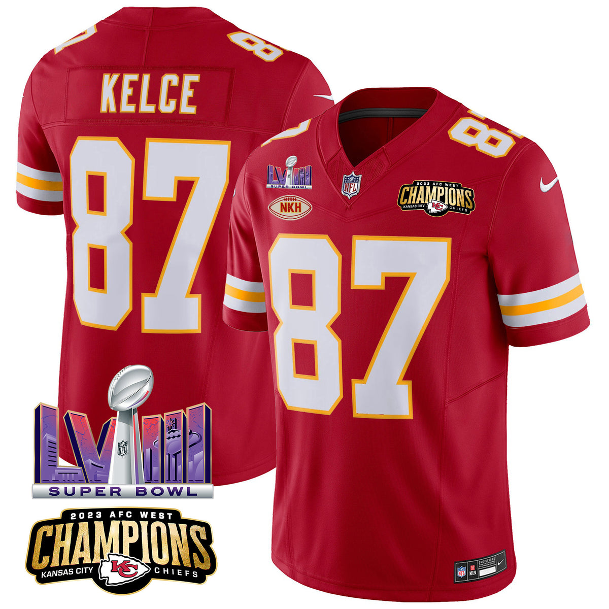 Men's Chiefs AFC West Champions & Super Bowl LVIII Patch Vapor Jersey - All Stitched - Red - Travis Kelce — view 1