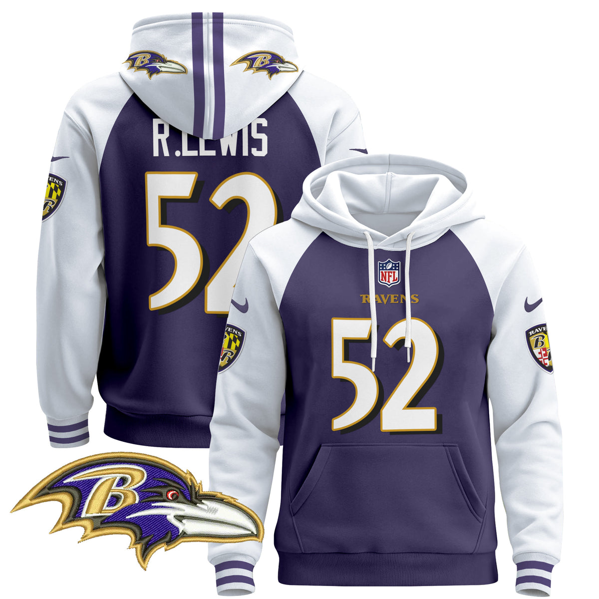 Men's Baltimore Ravens 2024 Pullover Hoodie V4 - All Stitched - Purple Alternate - Ray Lewis — view 1