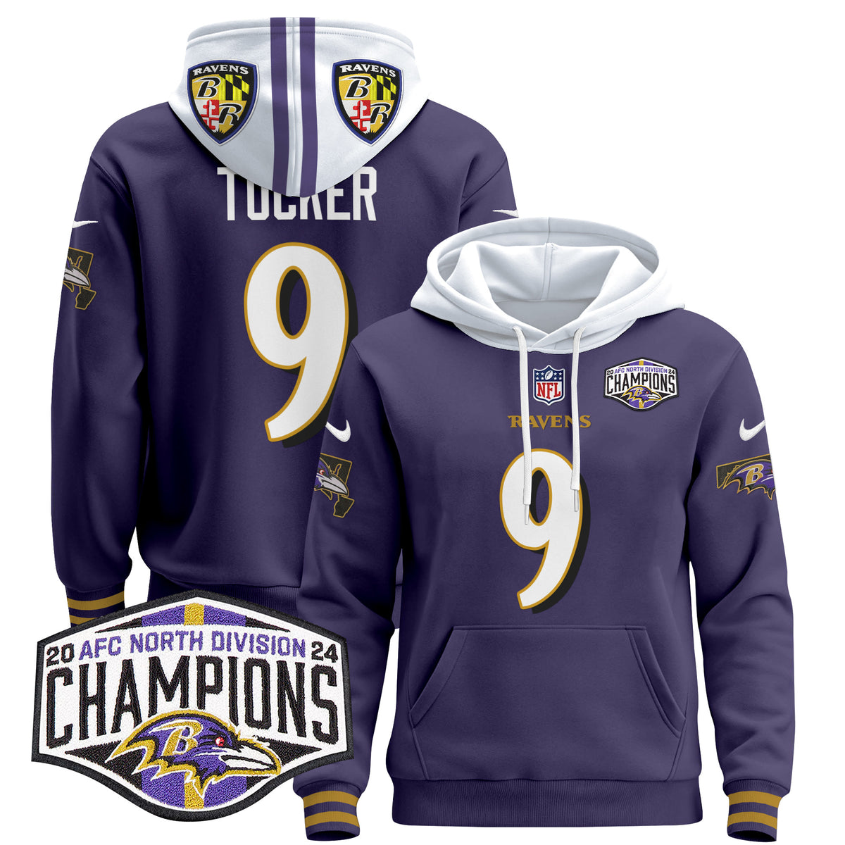 Men's Baltimore Ravens 2024 AFC North Division Champions Patch Pullover Hoodie V2 - All Stitched - Purple - Justin Tucker — view 1