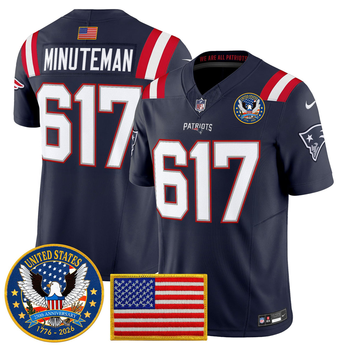Men's New England Patriots United States 250th Anniversary Patch Vapor Limited Jersey - All Stitched - Navy - Minuteman 617 — view 1