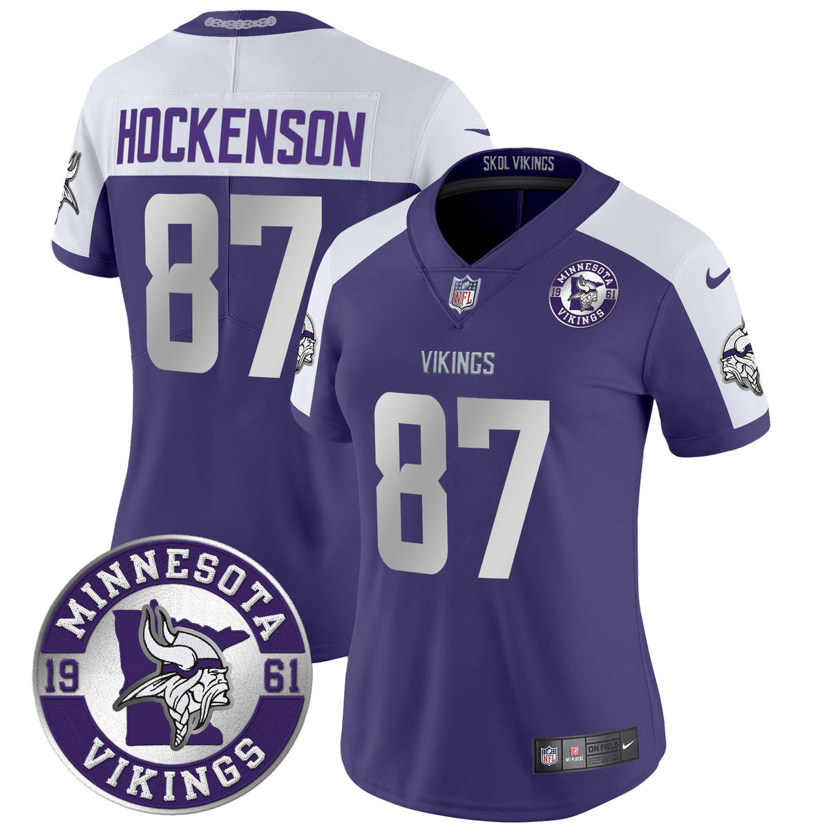 Women's Minnesota Vikings 2024 Vapor Limited Jersey - Est. 1961 Patch - All Stitched - Purple Alternate - T.J. Hockenson — view 1