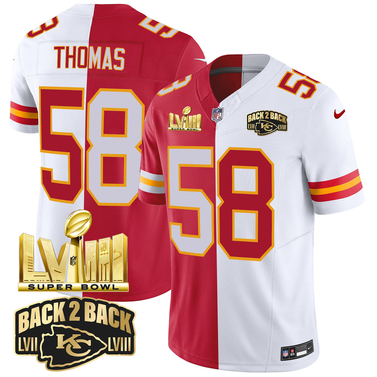 Men's Chiefs Super Bowl LVIII & Back 2 Back Gold Patch Vapor Jersey V2 - All Stitched - Split - Derrick Thomas — view 1