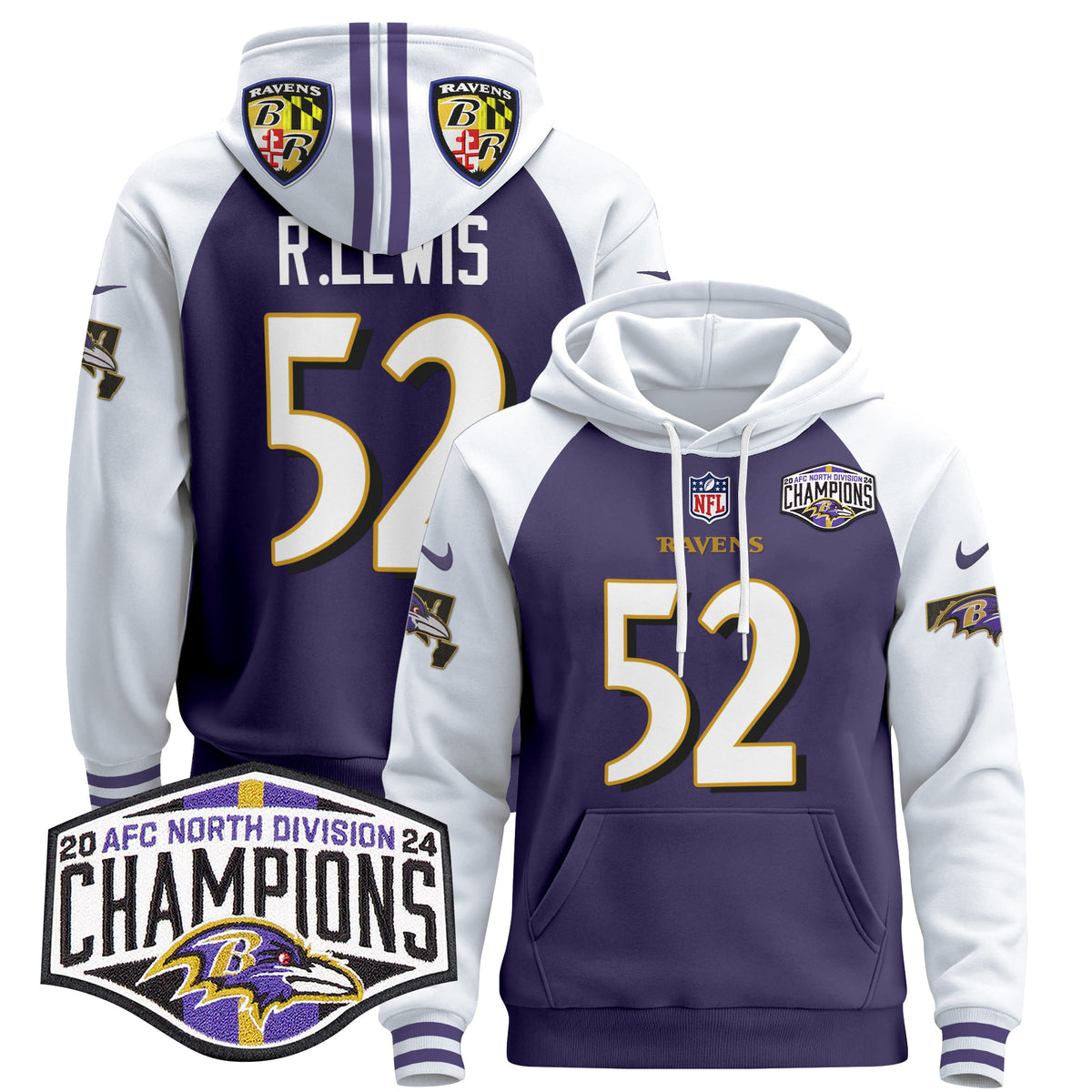 Men's Baltimore Ravens 2024 AFC North Division Champions Patch Pullover Hoodie V2 - All Stitched - Purple Alternate - Ray Lewis — view 1