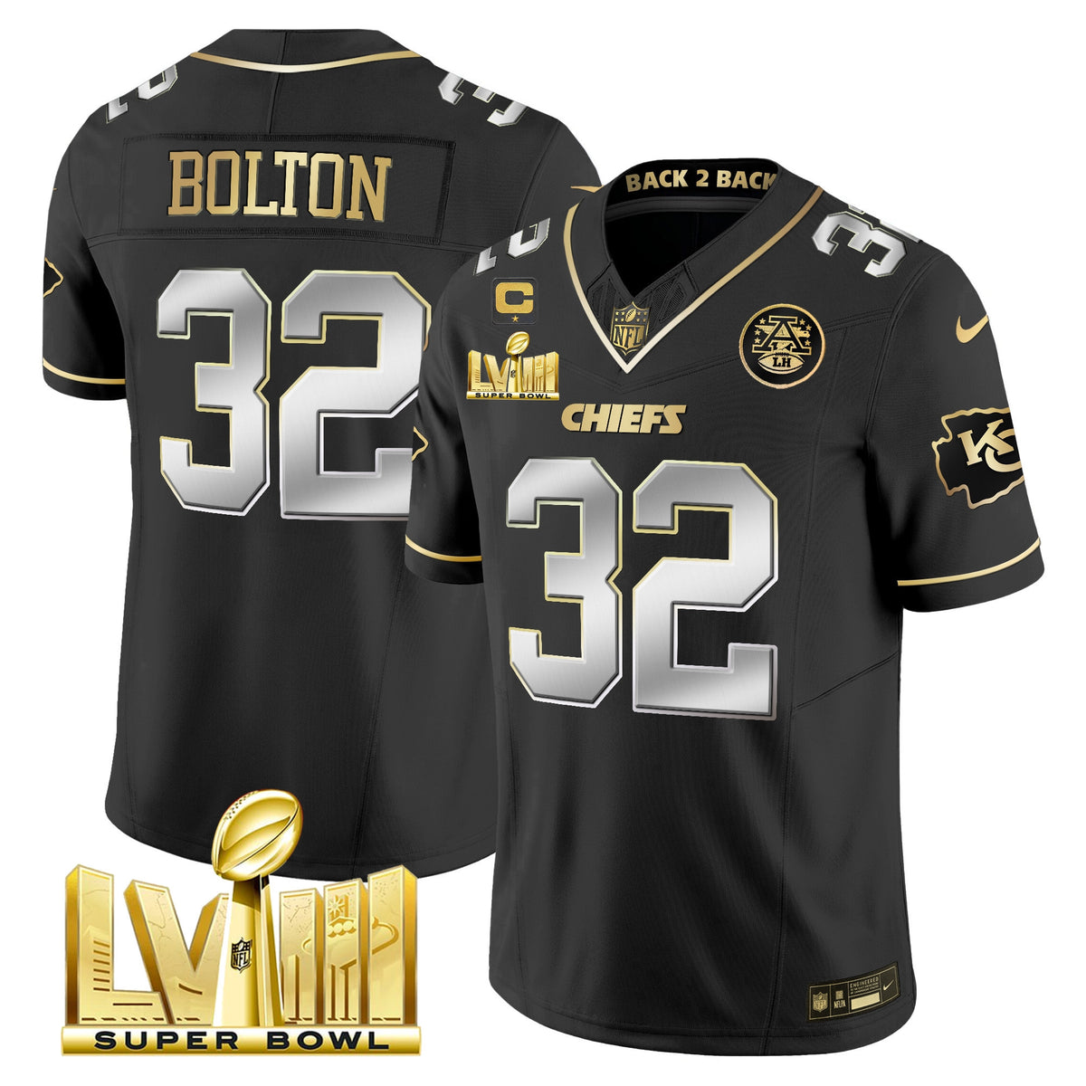 Men's Chiefs Super Bowl LVIII & Back 2 Back Gold Patch Vapor Jersey V5 - All Stitched - Black Limited - Nick Bolton — view 1