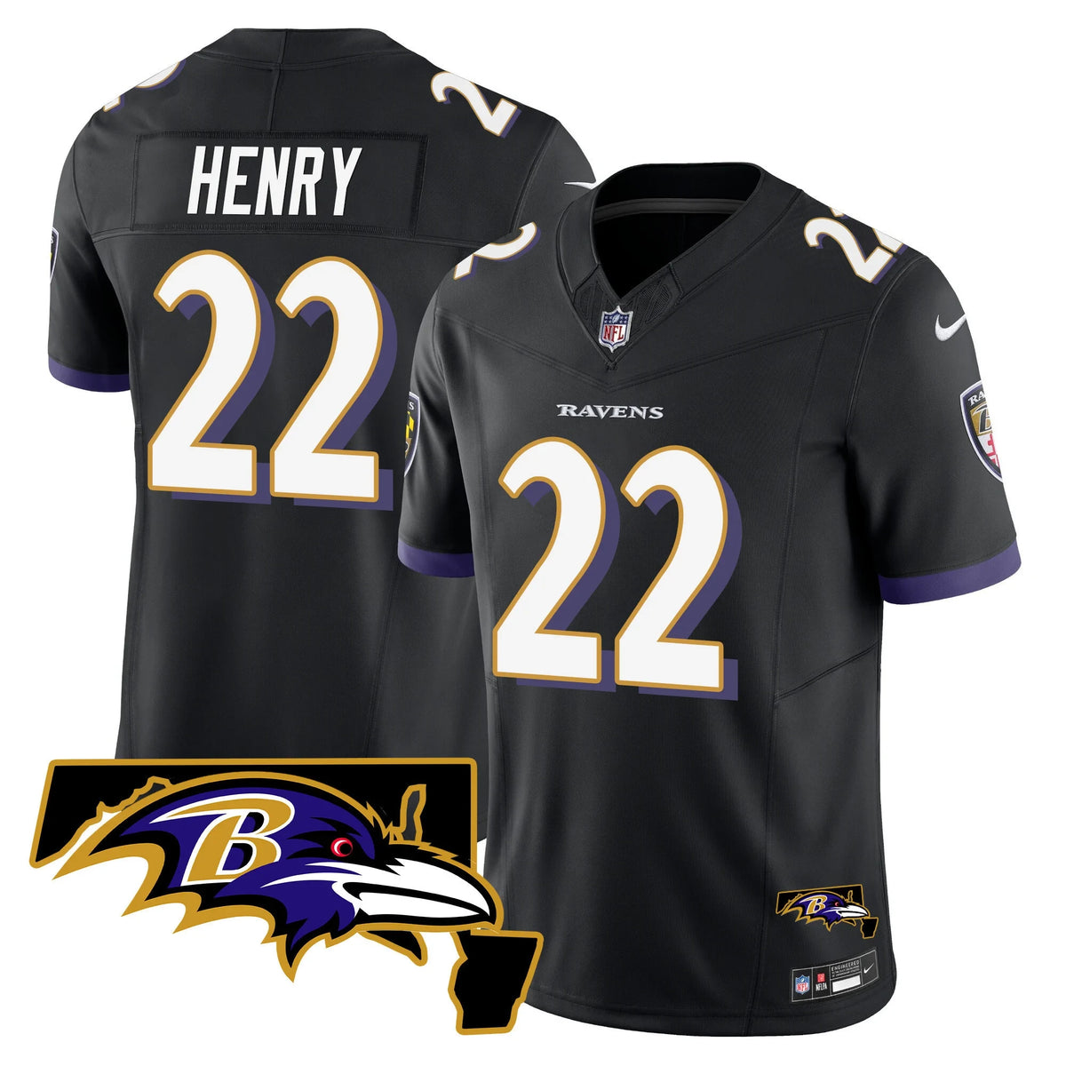 Derrick Henry #22 Baltimore Ravens Black Jersey - All Stitched - Black — view 1