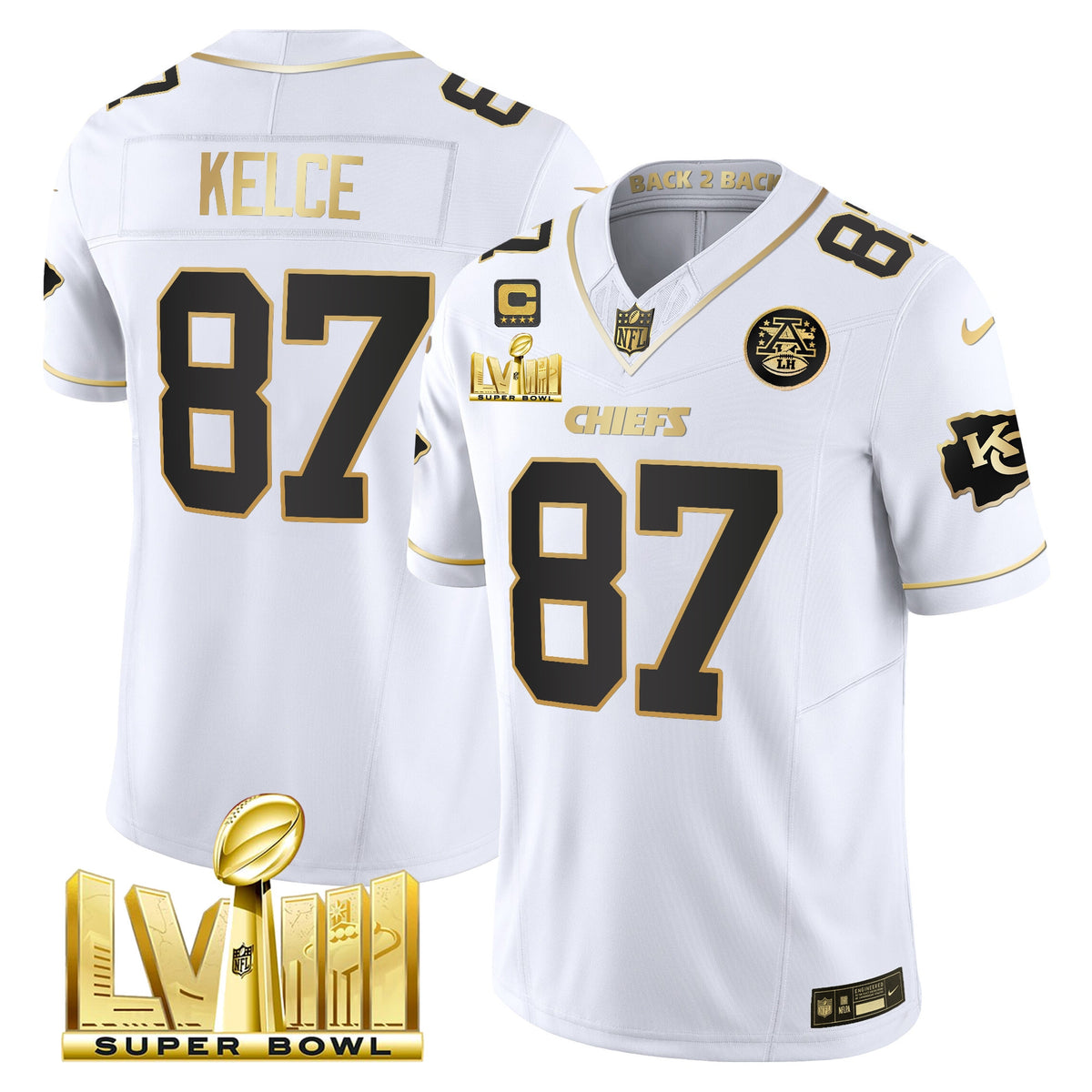 Men's Chiefs Super Bowl LVIII & Back 2 Back Gold Patch Vapor Jersey V5 - All Stitched - White Gold - Travis Kelce — view 1