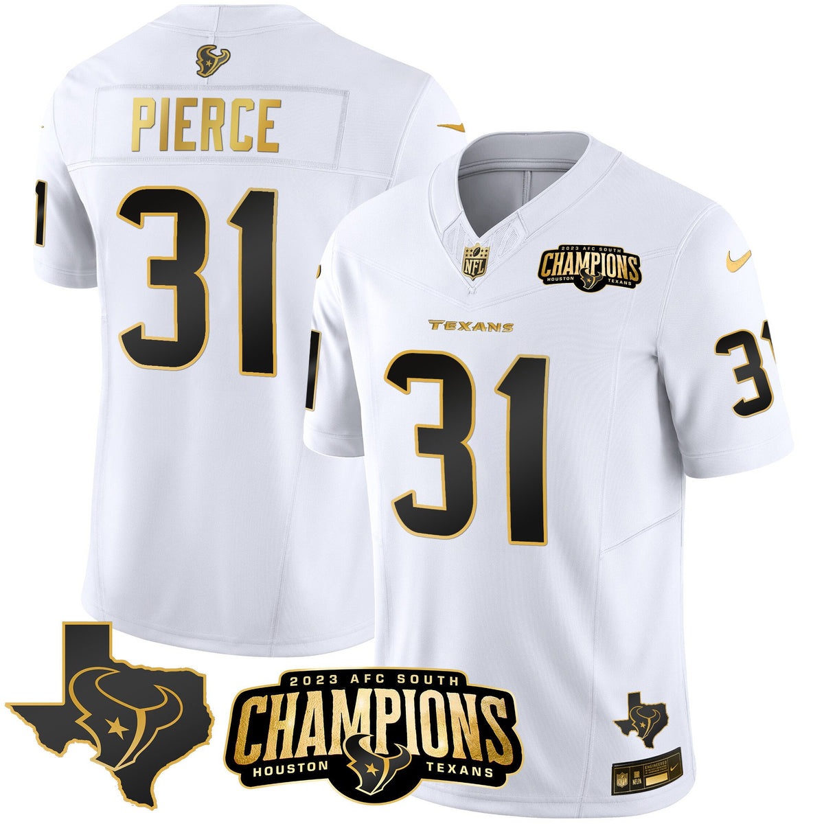 Men's Houston Texans 2023 AFC South Champions Patch Gold Vapor Jersey - All Stitched - White Gold - Dameon Pierce — view 1
