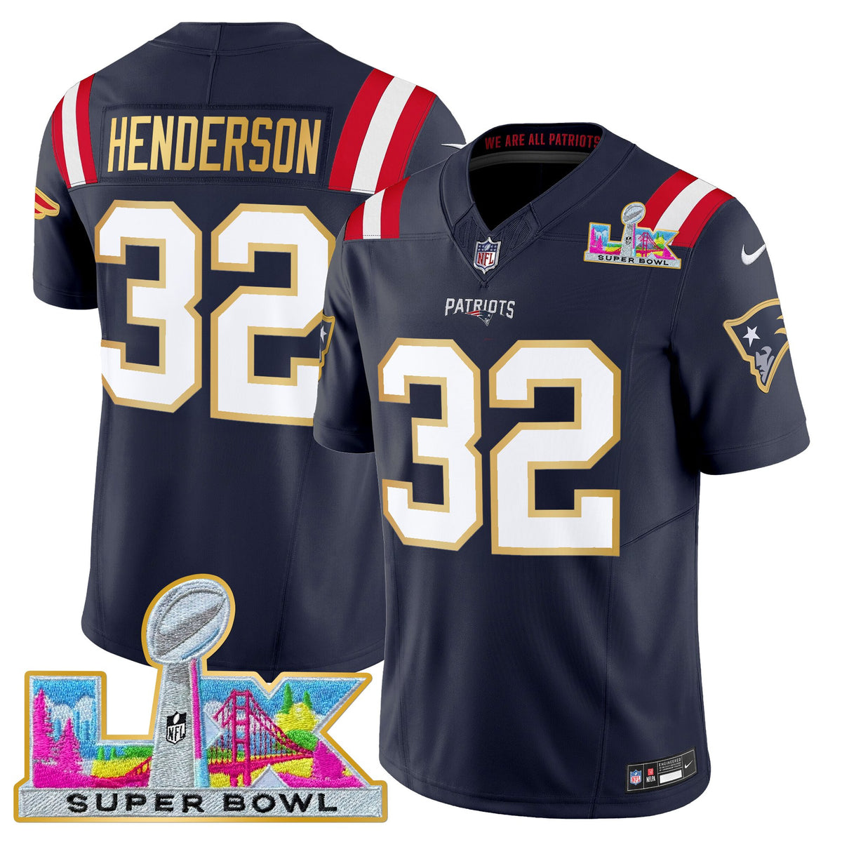Men's New England Patriots Super Bowl LX Gold Trim Vapor Limited Jersey - All Stitched - Navy - TreVeyon Henderson — view 1